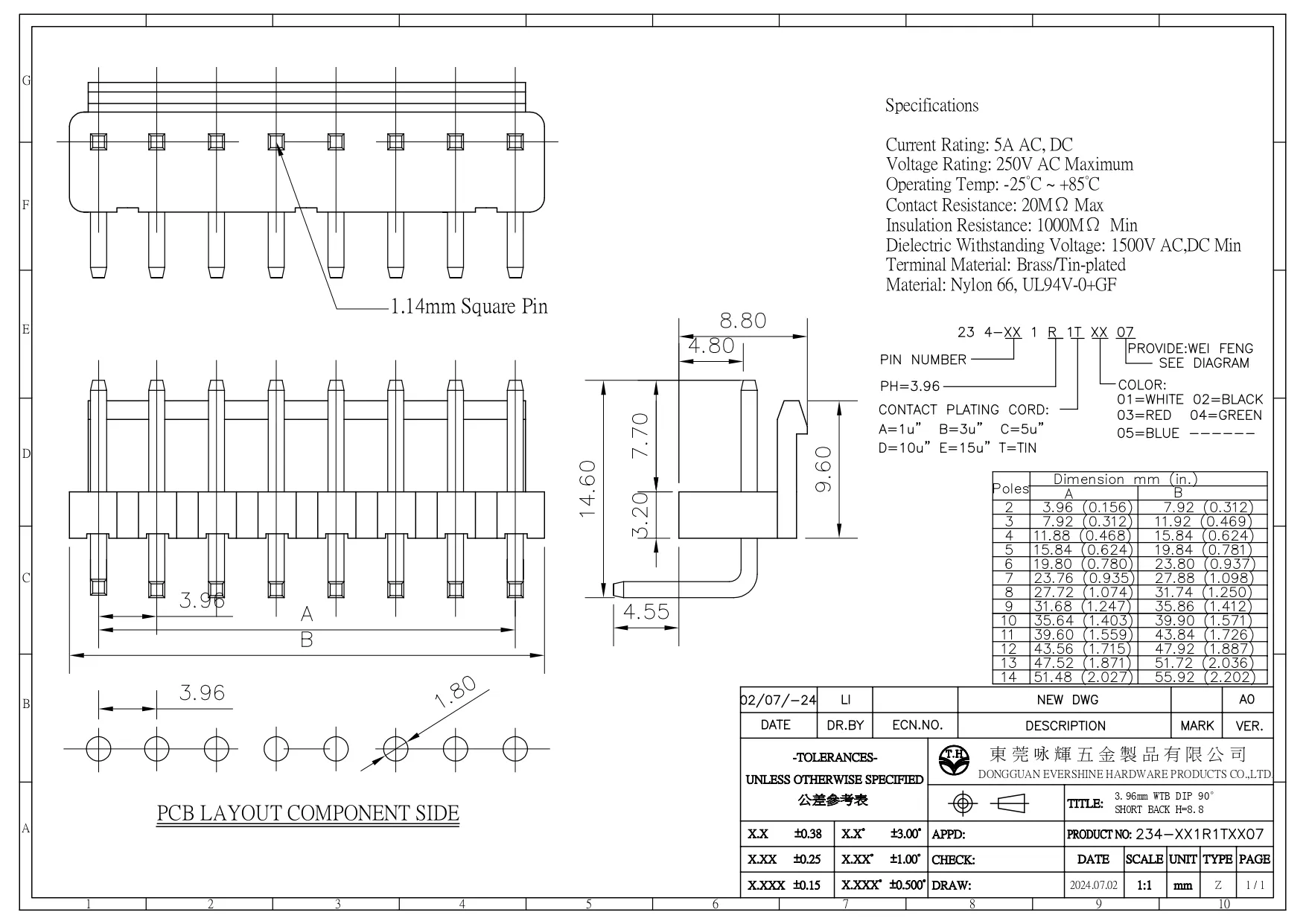 WTB WAFER PH3.96 RIGHT ANGLE DIP SHORT BACK H=8.8