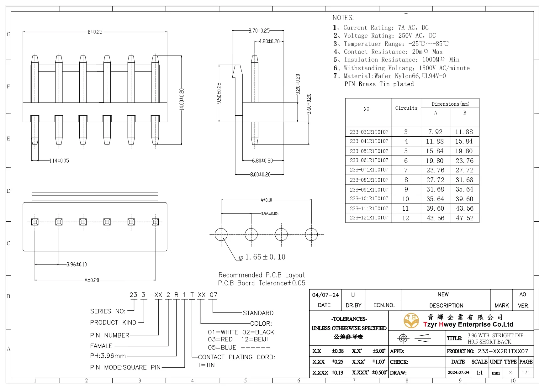 WTB WAFER PH3.96 STRIGHT DIP Single Row SHORT BACK短靠背