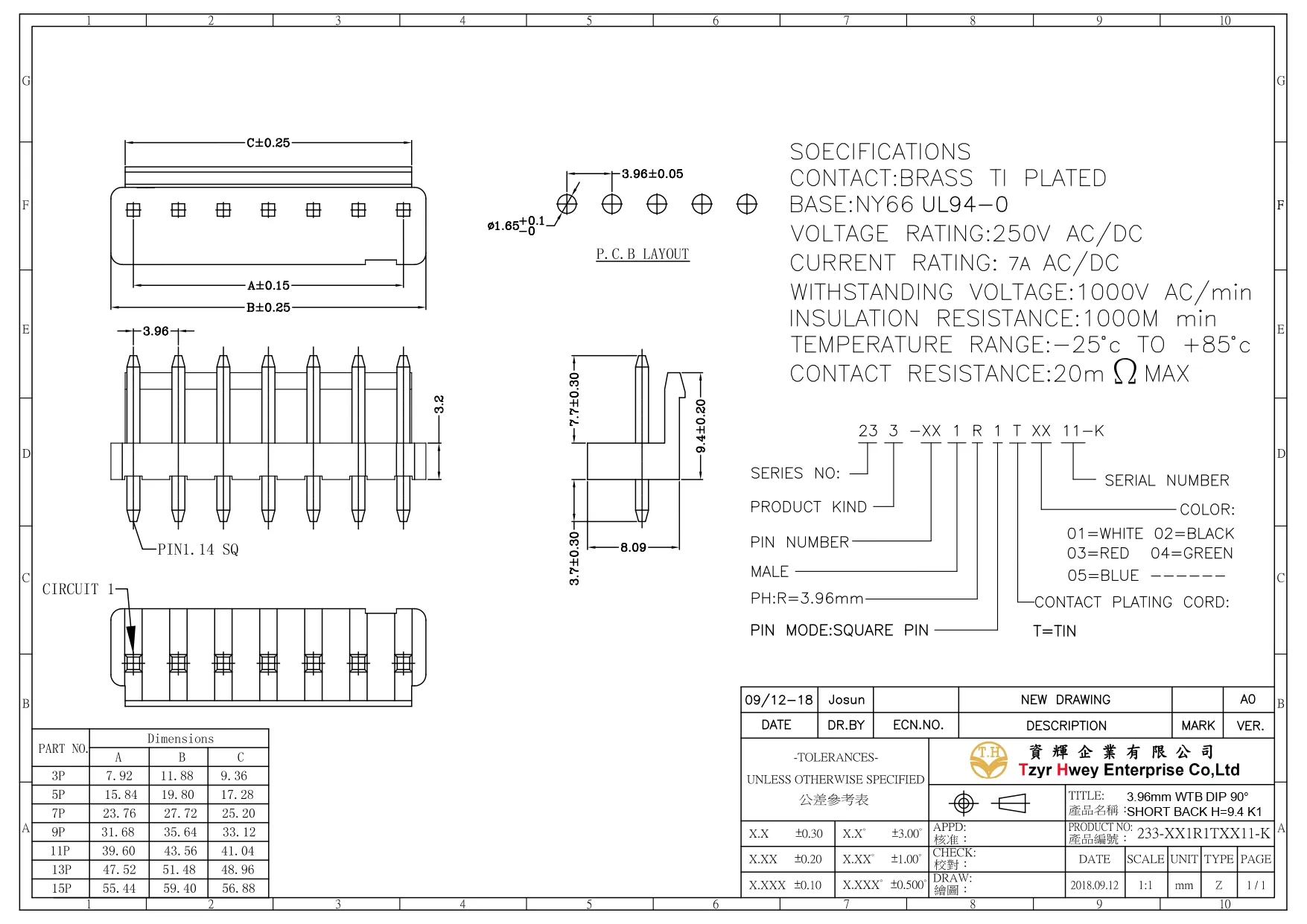 WTB WAFER PH3.96 DIP 90°SHORT BACK H=9.4 K1