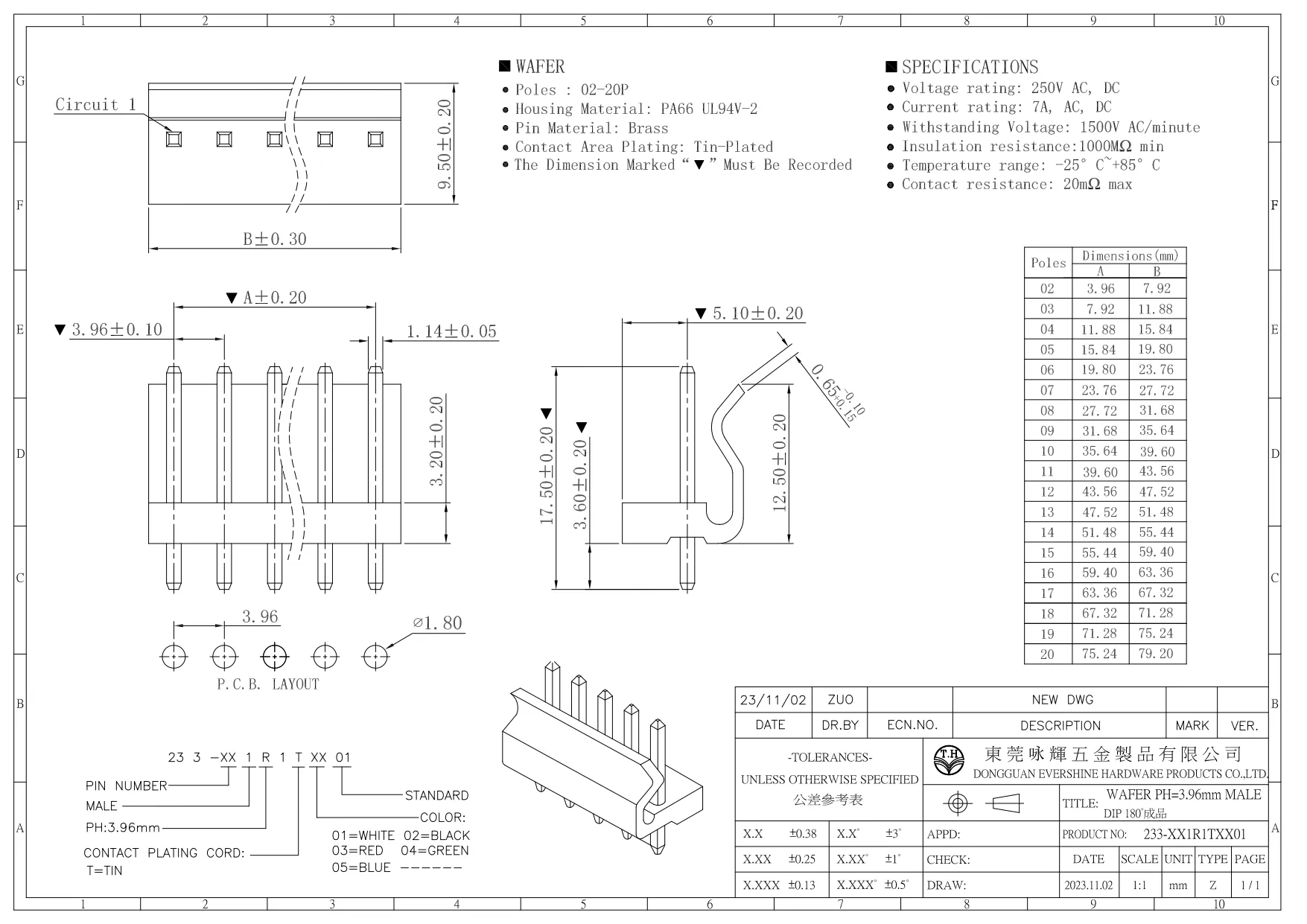 WTB WAFER PH3.96 STRIGHT DIP H9.4 LONG BACK 長彎背