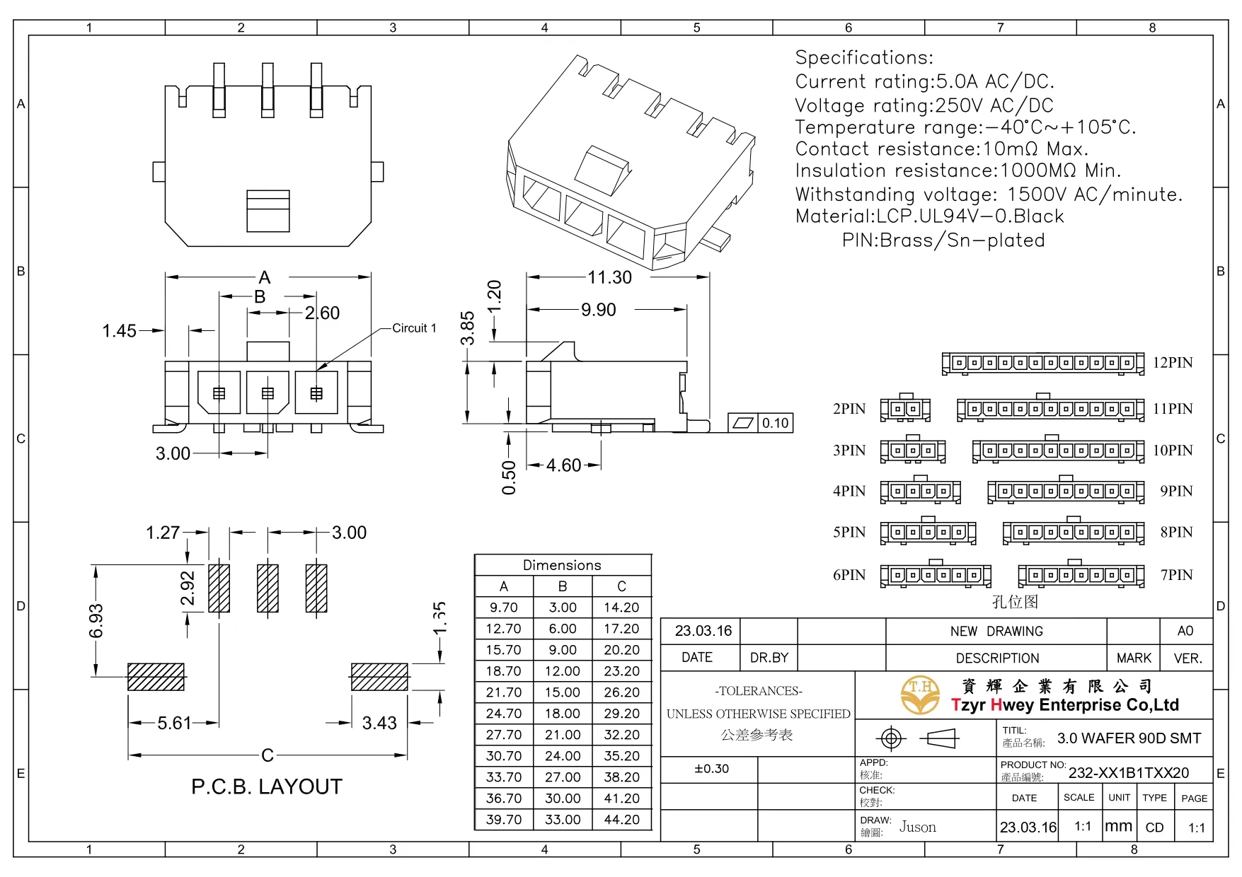 WTB MICRO FIT PH3.00mm RIGHT ANGLE SMT SINGLE