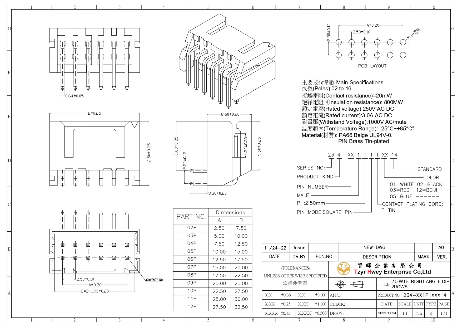 WTB WAFER PH2.5 RIGHT ANGLE DIP 2ROWS 2xXXP