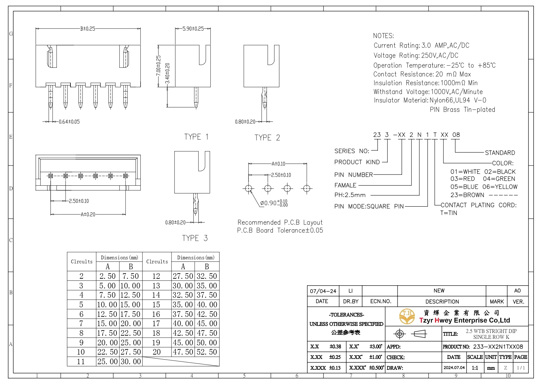 WTB WAFER PH2.5 STRIGHT DIP SINGLE ROW K 1xXXP =W-250XD-XXK