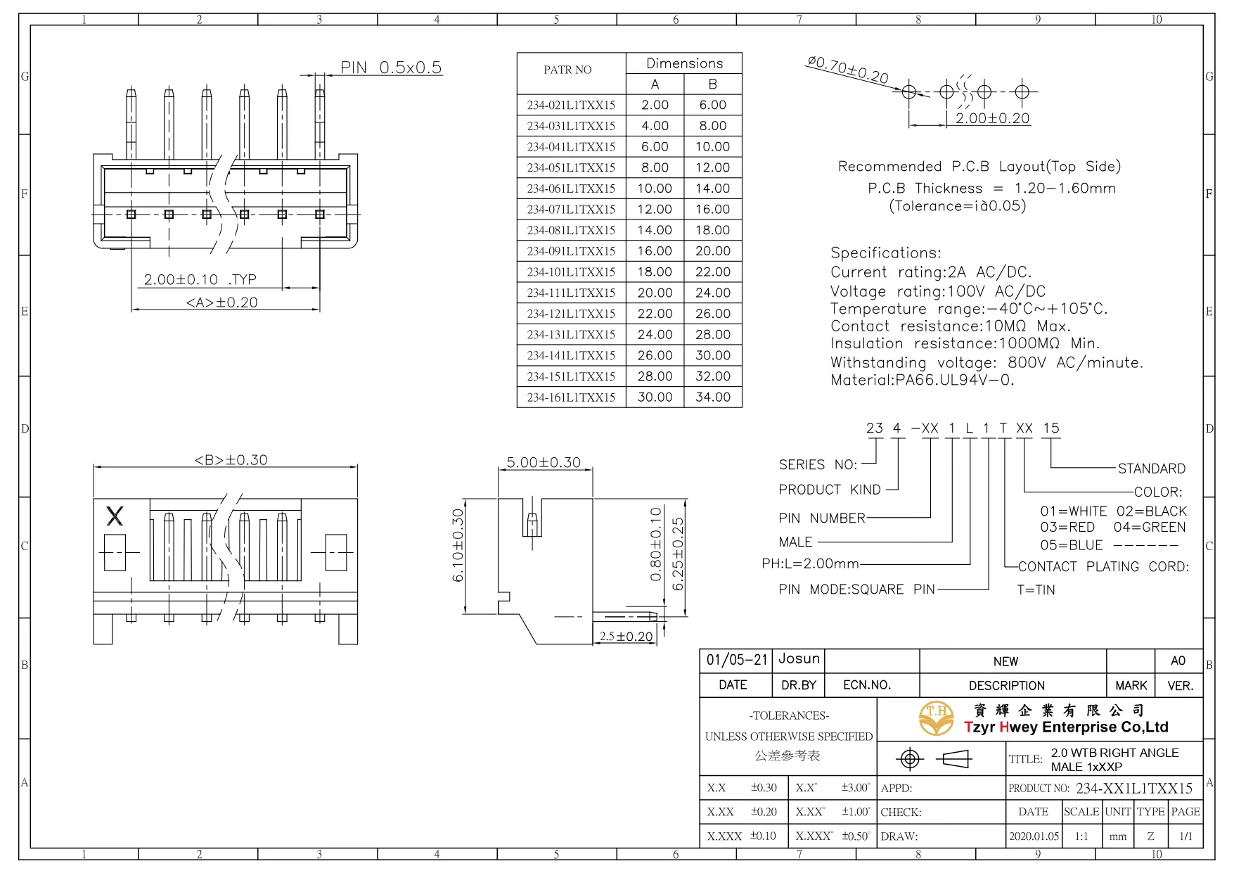 WTB WAFER PH2.0 RIGHT ANGLE MALE 1xXXP