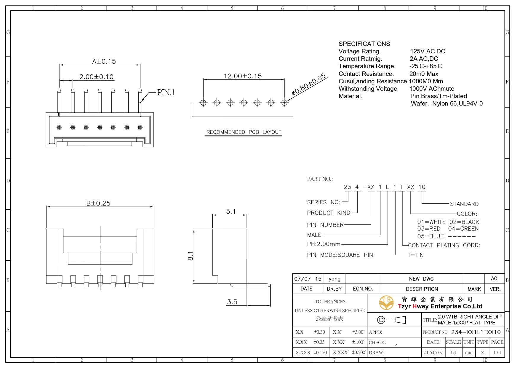 WTB WAFER PH2.0 RIGHT ANGLE DIP MALE 1xXXP FLAT TYPE