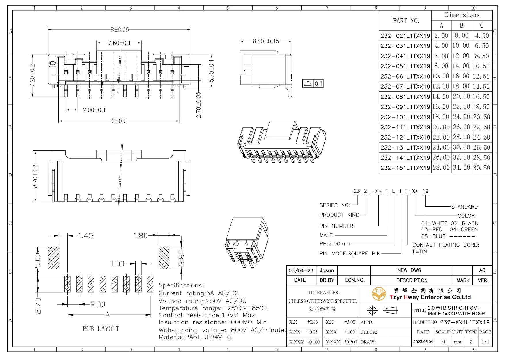  WTB WAFER PH2.0 STRIGHT SMT MALE 1xXXP WITH HOOK 