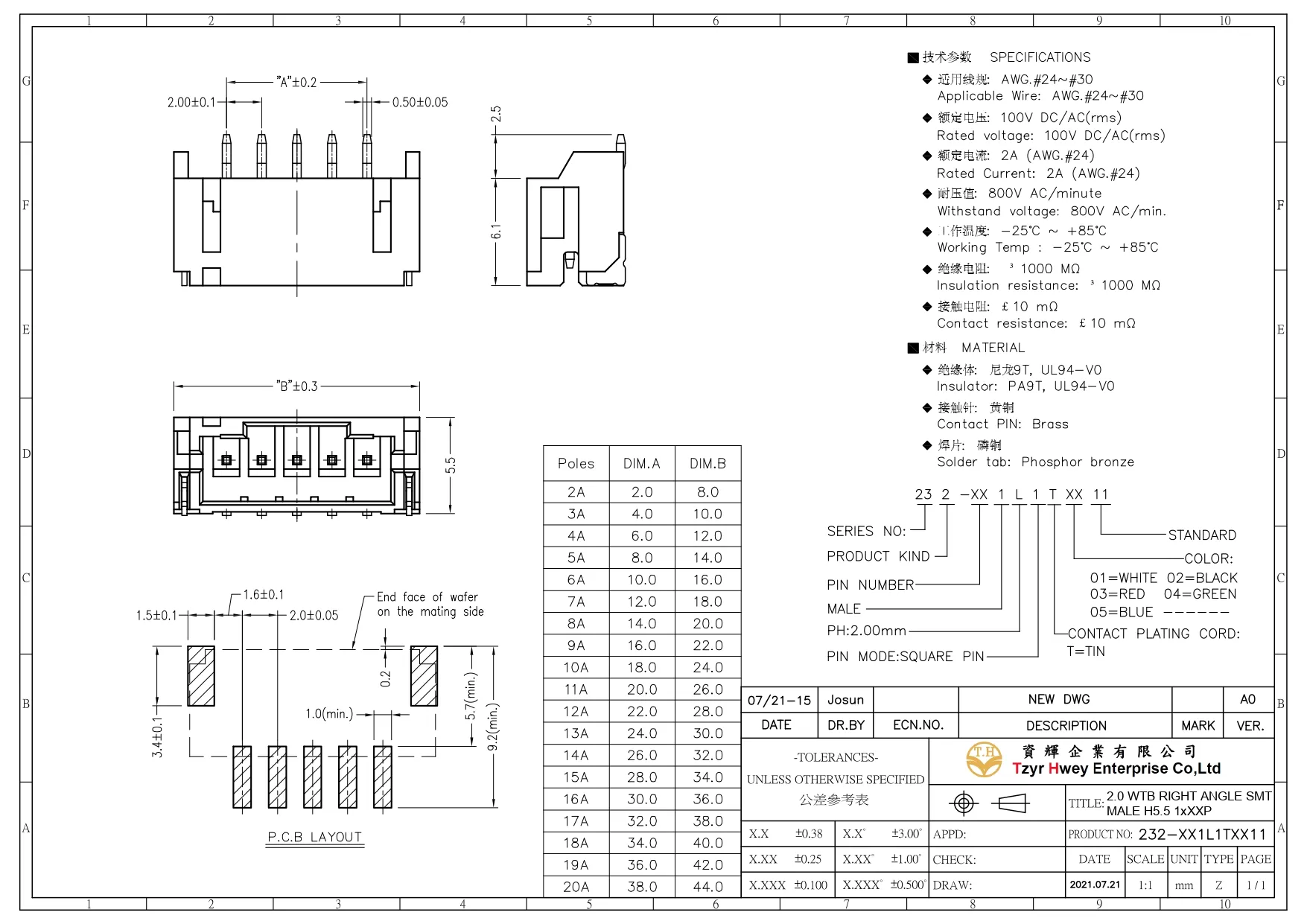 WTB WAFER PH2.0 RIGHT ANGLE SMT MALE H5.5 1xXXP 
