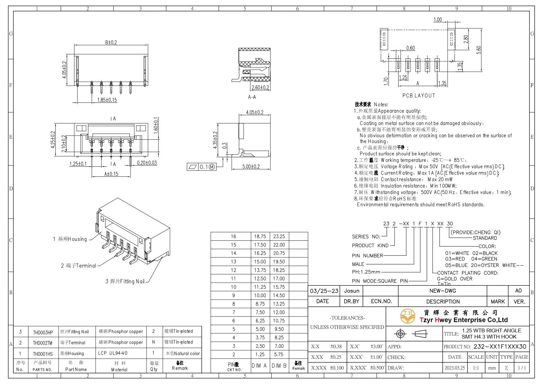 WAFER 1.25 SMT臥貼 帶卡扣