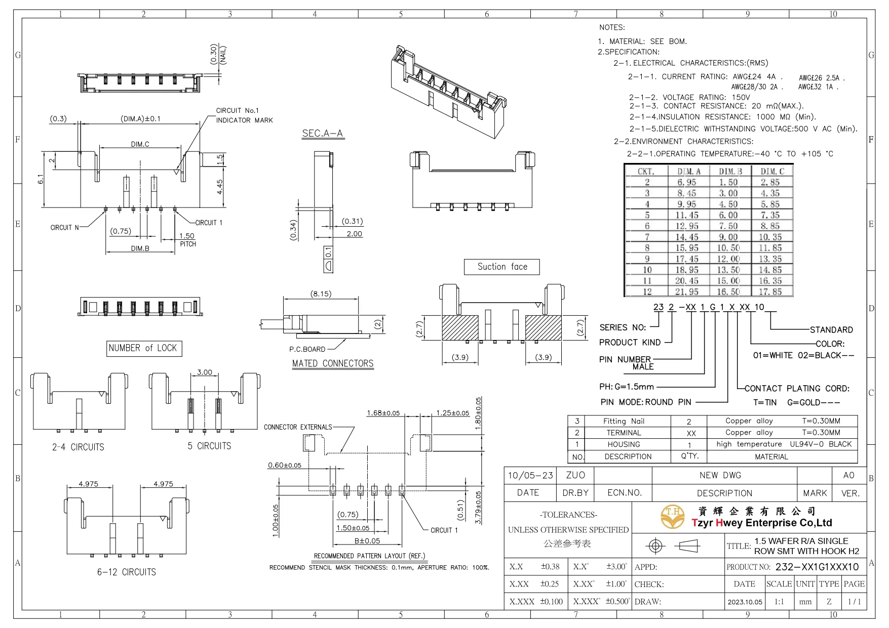 WTB WAFER PH1.5 RA SINGLE ROW SMT WITH HOOK H2