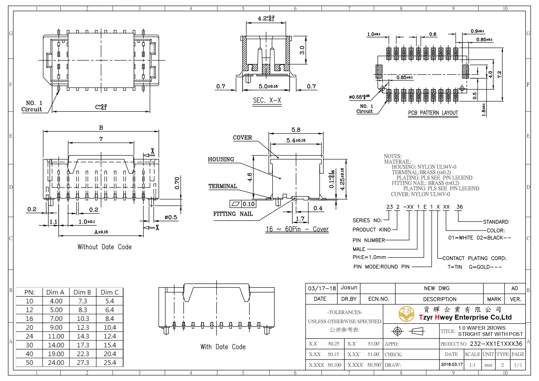 WAFER  1.0 2ROWS STRIGHT SMT WITH POST 