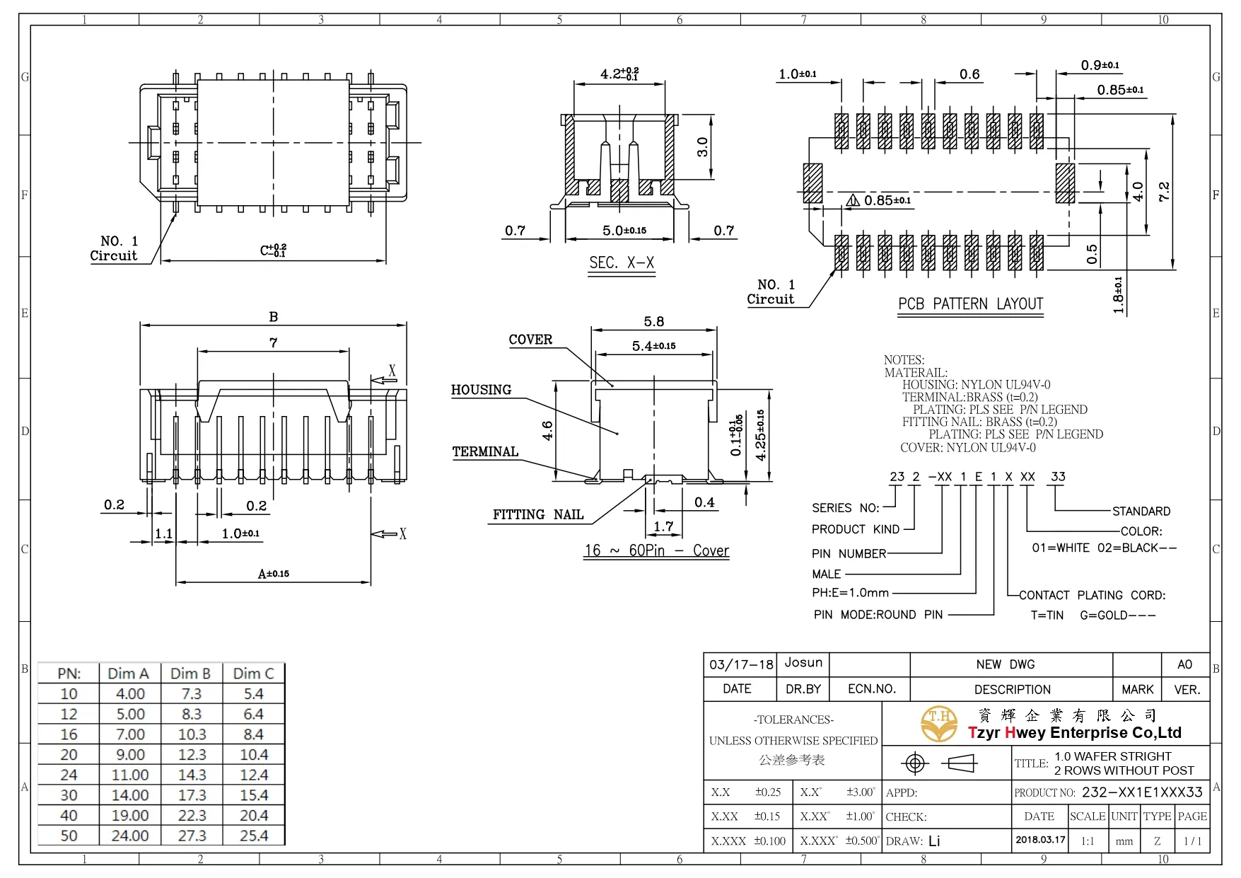  WAFER  1.0 STRIGHT 2 ROWS WITHOUT POST 