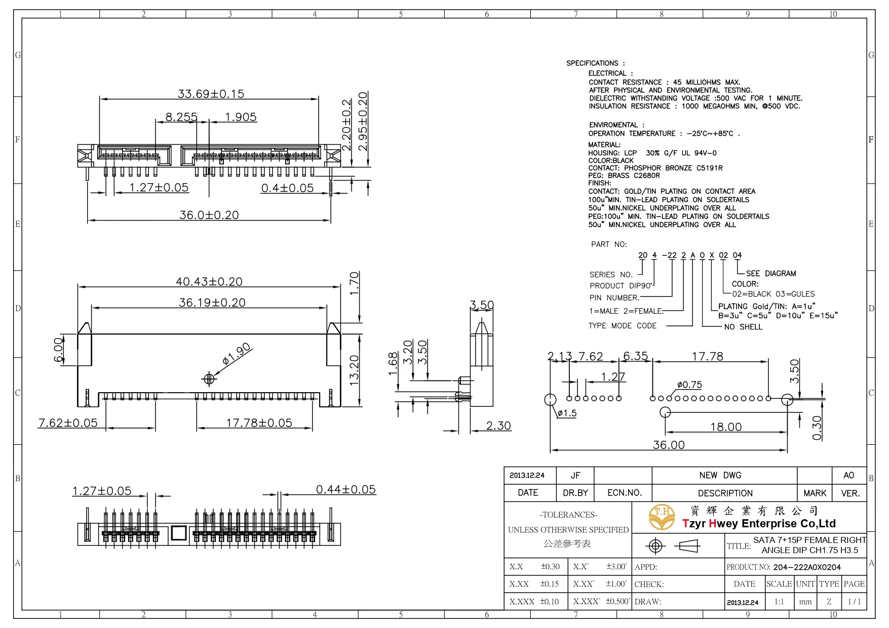 SATA 7+15P FEMALE RIGHT ANGLE DIP CH1.75 H3.5