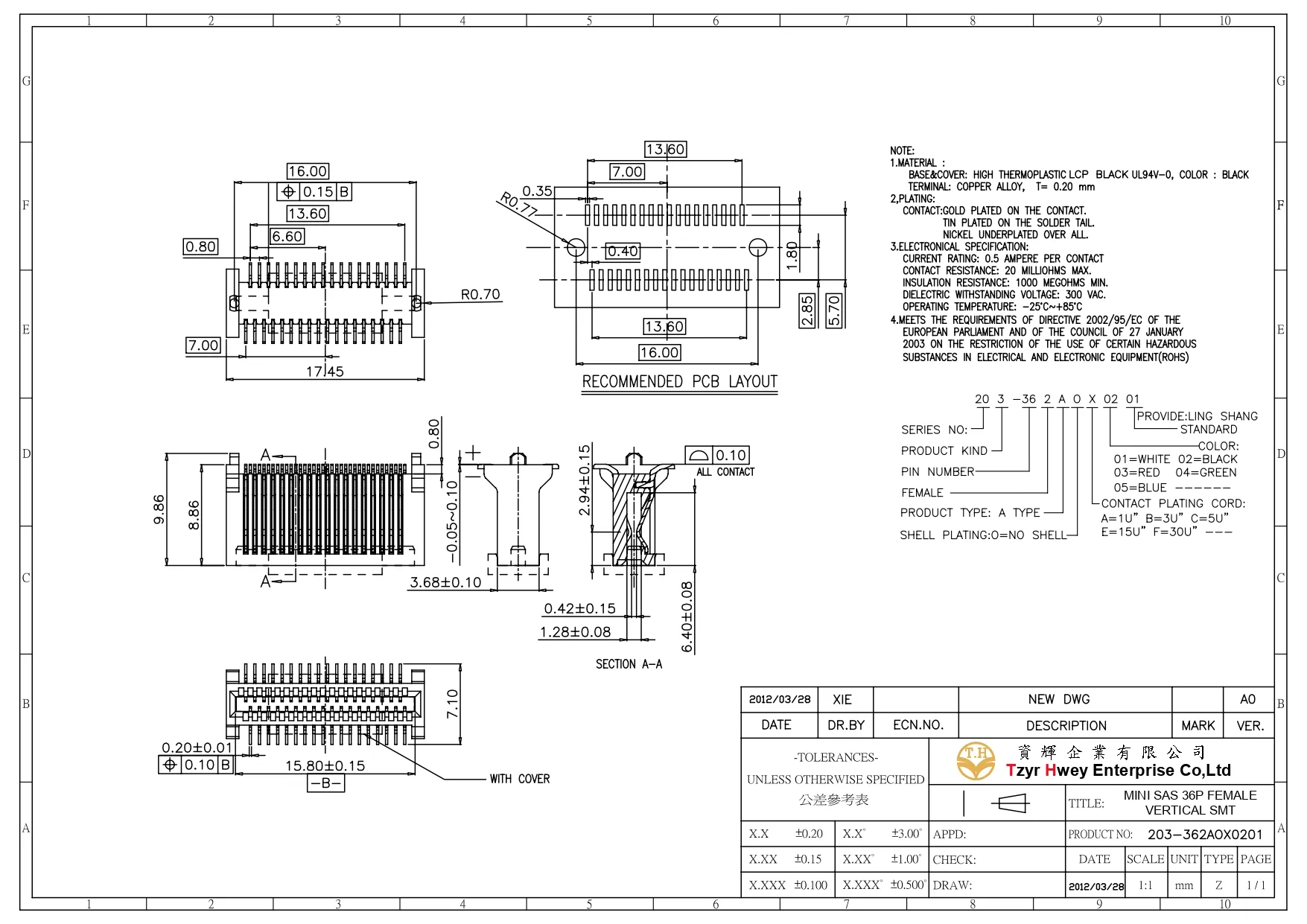  MINI SAS 36P FEMALE VERTICAL SMT