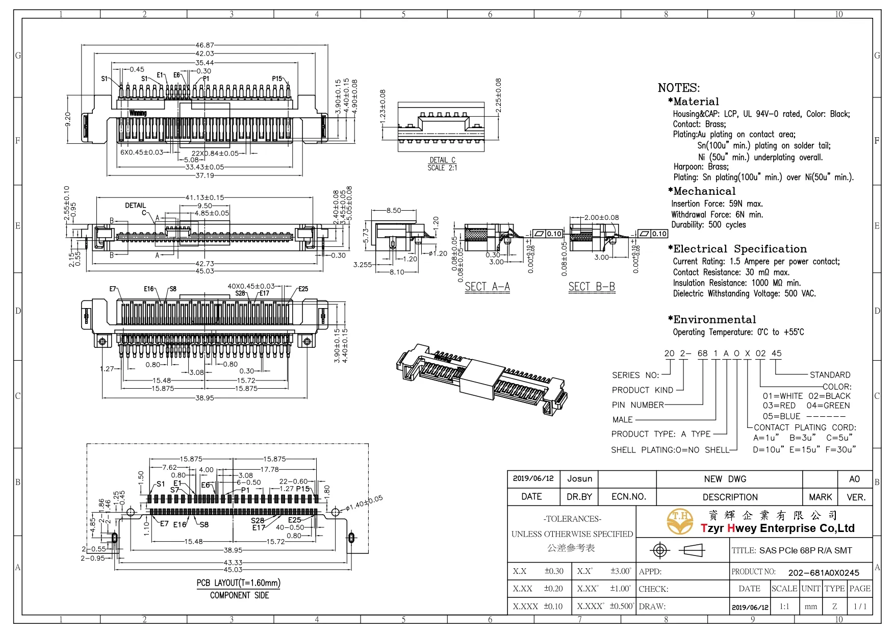 SAS PCIe 68P M 90度 SMT