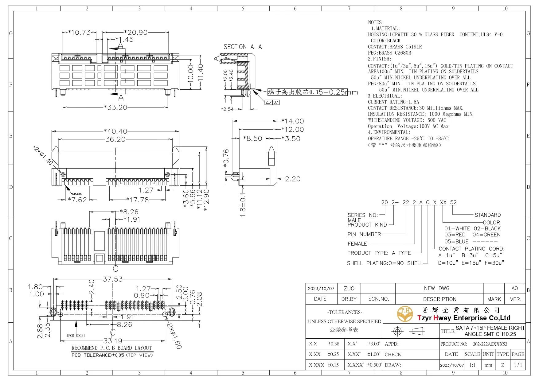 SATA 7+15P FEMALE RIGHT ANGLE SMT CH10.25