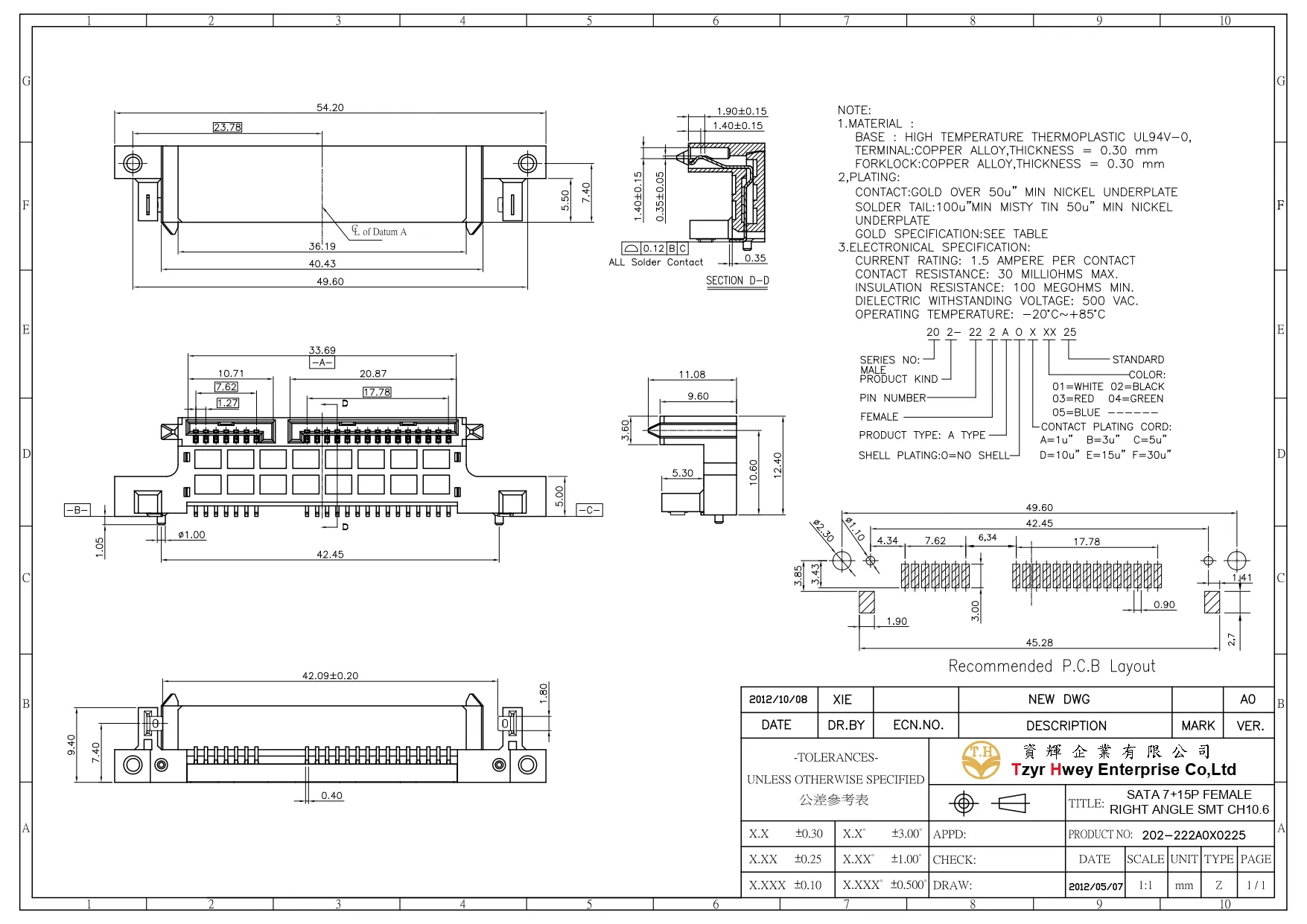 SATA 7+15P FEMALE RIGHT ANGLE SMT CH10.6
