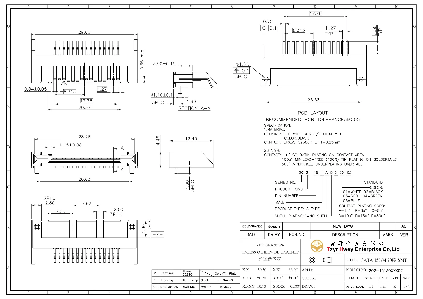 SATA 15P MALE RIGHT ANGLE SMT