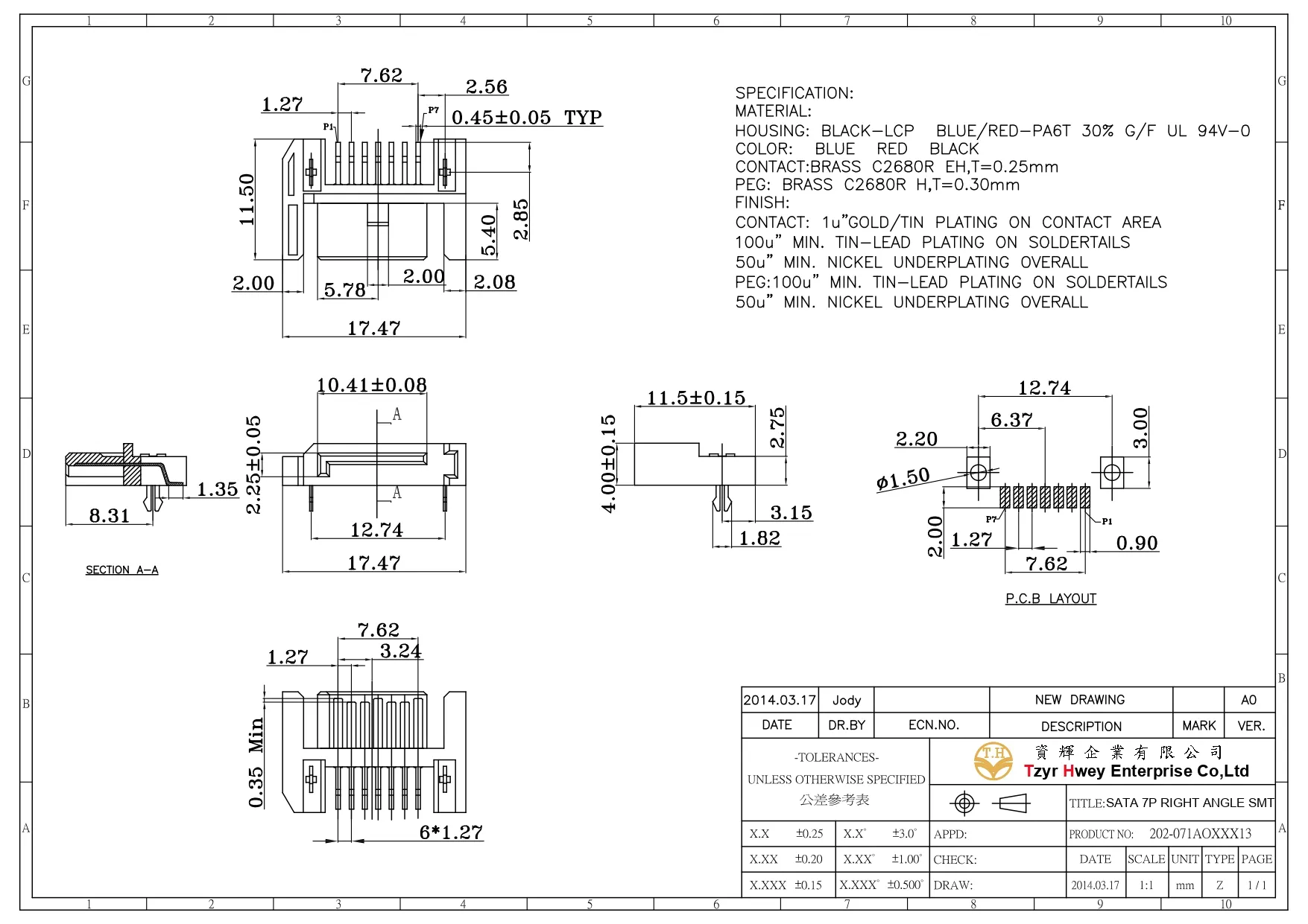 SATA 7P MALE RIGHT ANGLE SMT