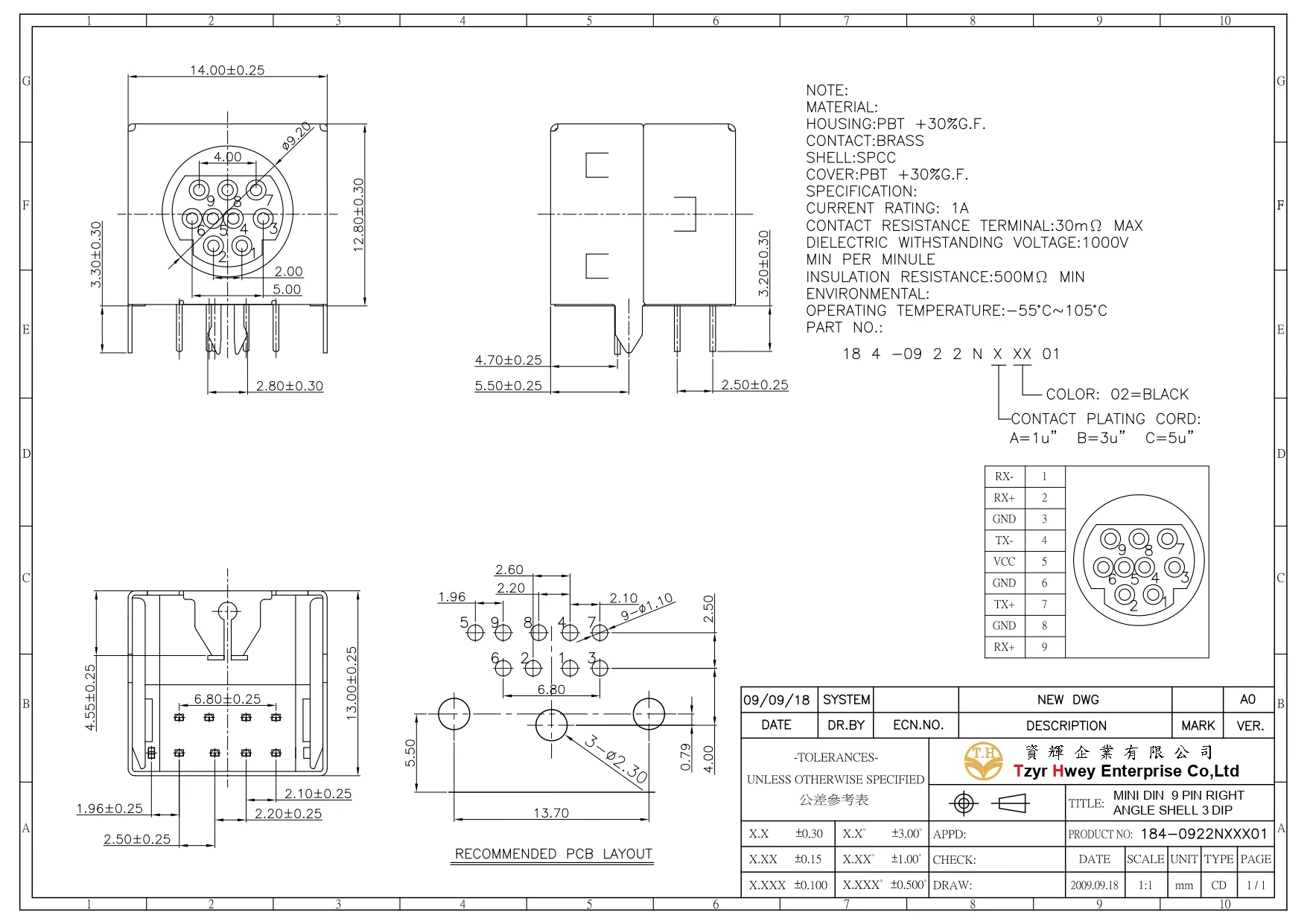 MINI DIN  9 PIN RIGHT ANGLE SHELL 3 DIP