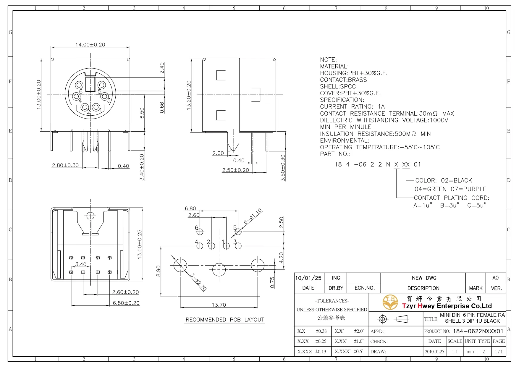 MINI DIN  6 PIN FEMALE RA SHELL 3 DIP 1U BLACK