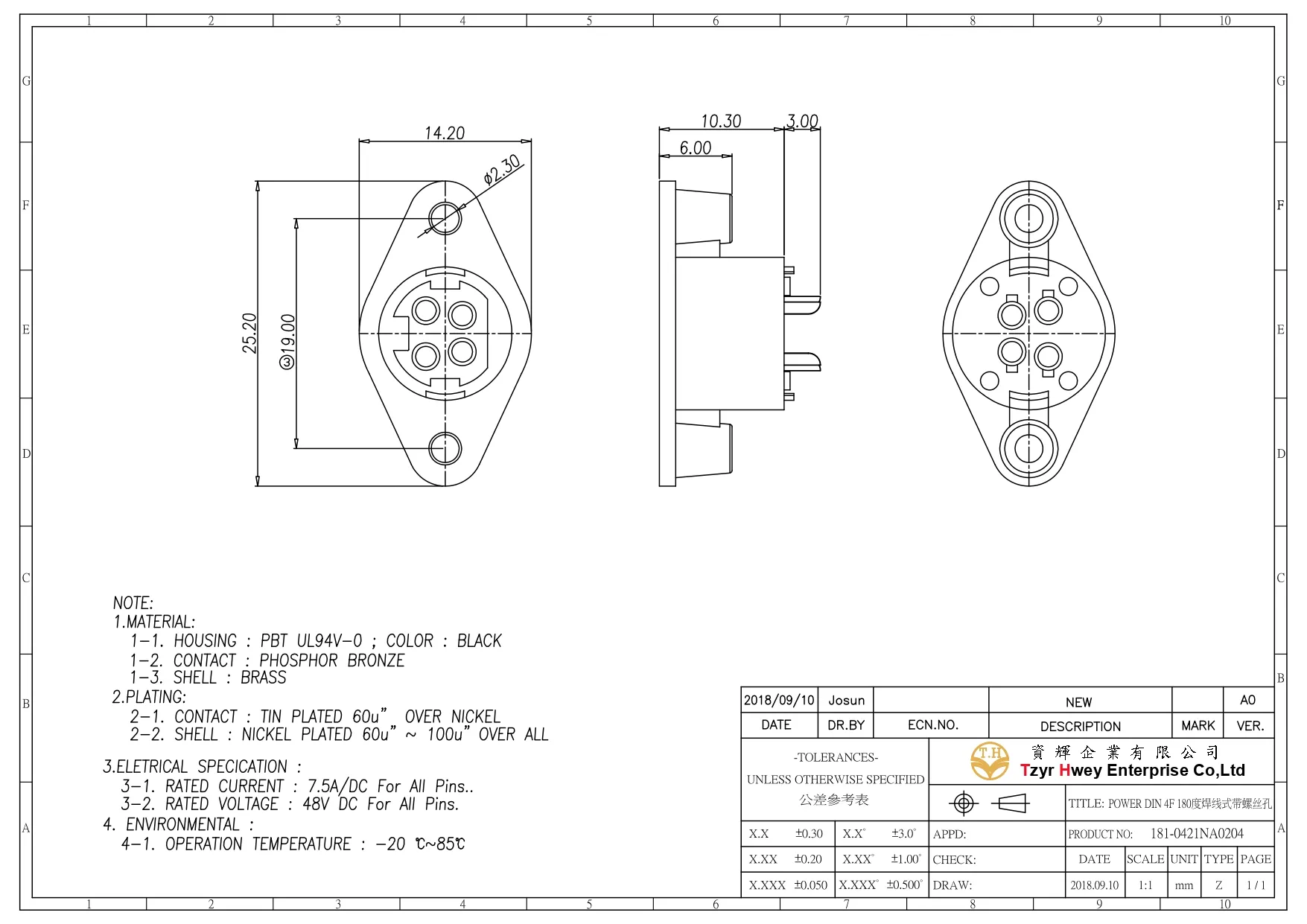 POWER DIN 4F 180度焊线式带螺丝孔