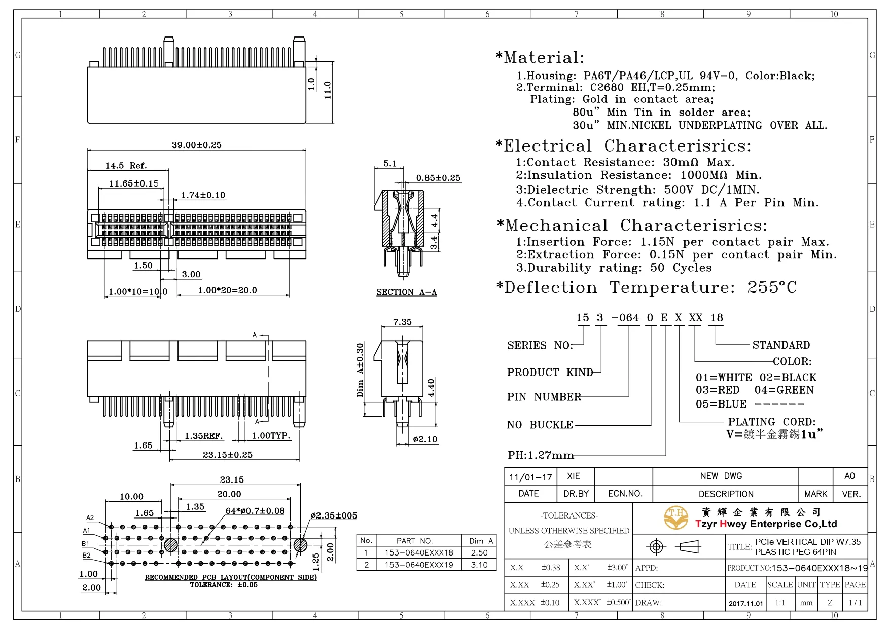 PCIe VERTICAL DIP W7.35 PLASTIC PEG 64PIN