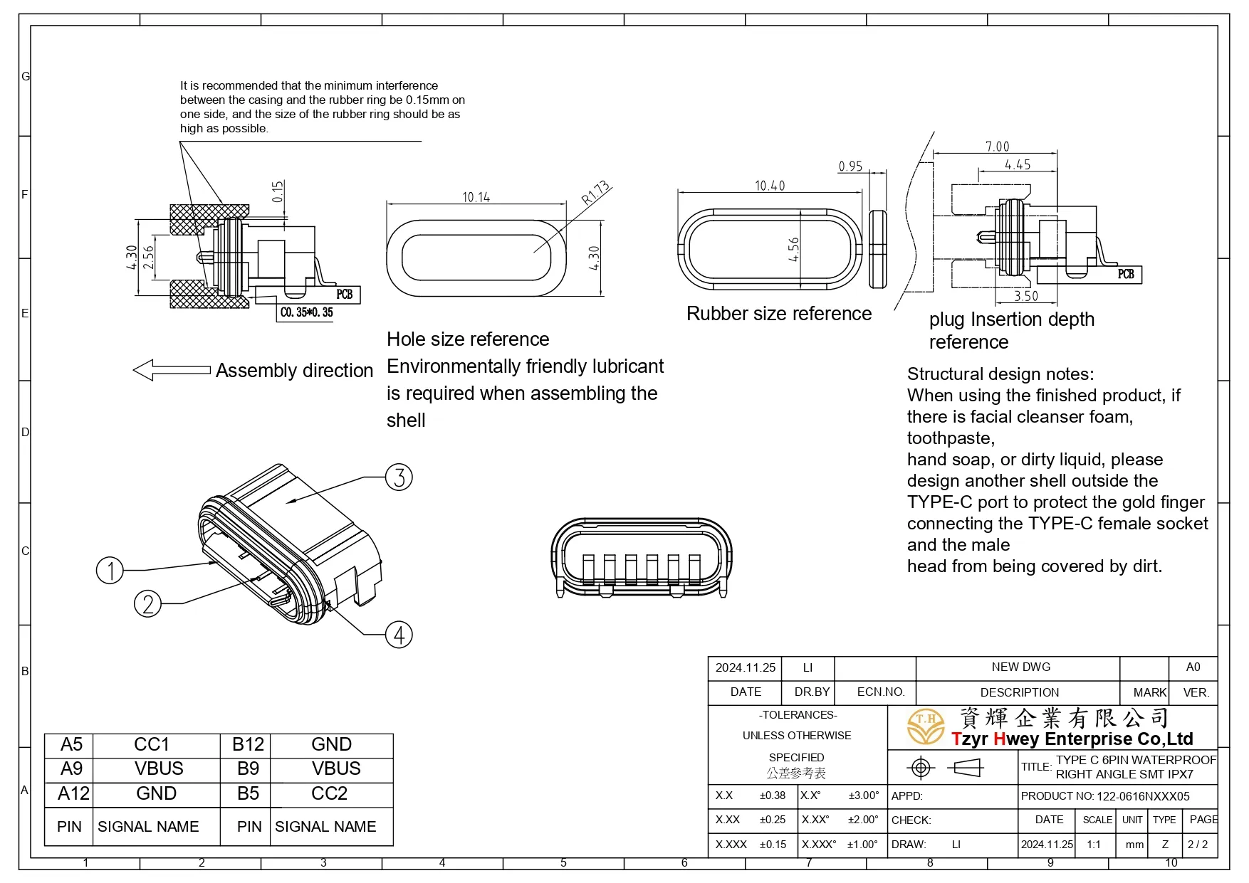 USB C WATERPROOF IPX7 6PIN RIGHT ANGLE SMT 