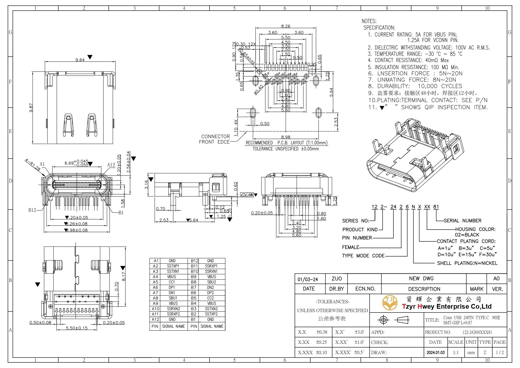 USB C 24PIN RIGHT ANGLE SMT+DIP L=9.87