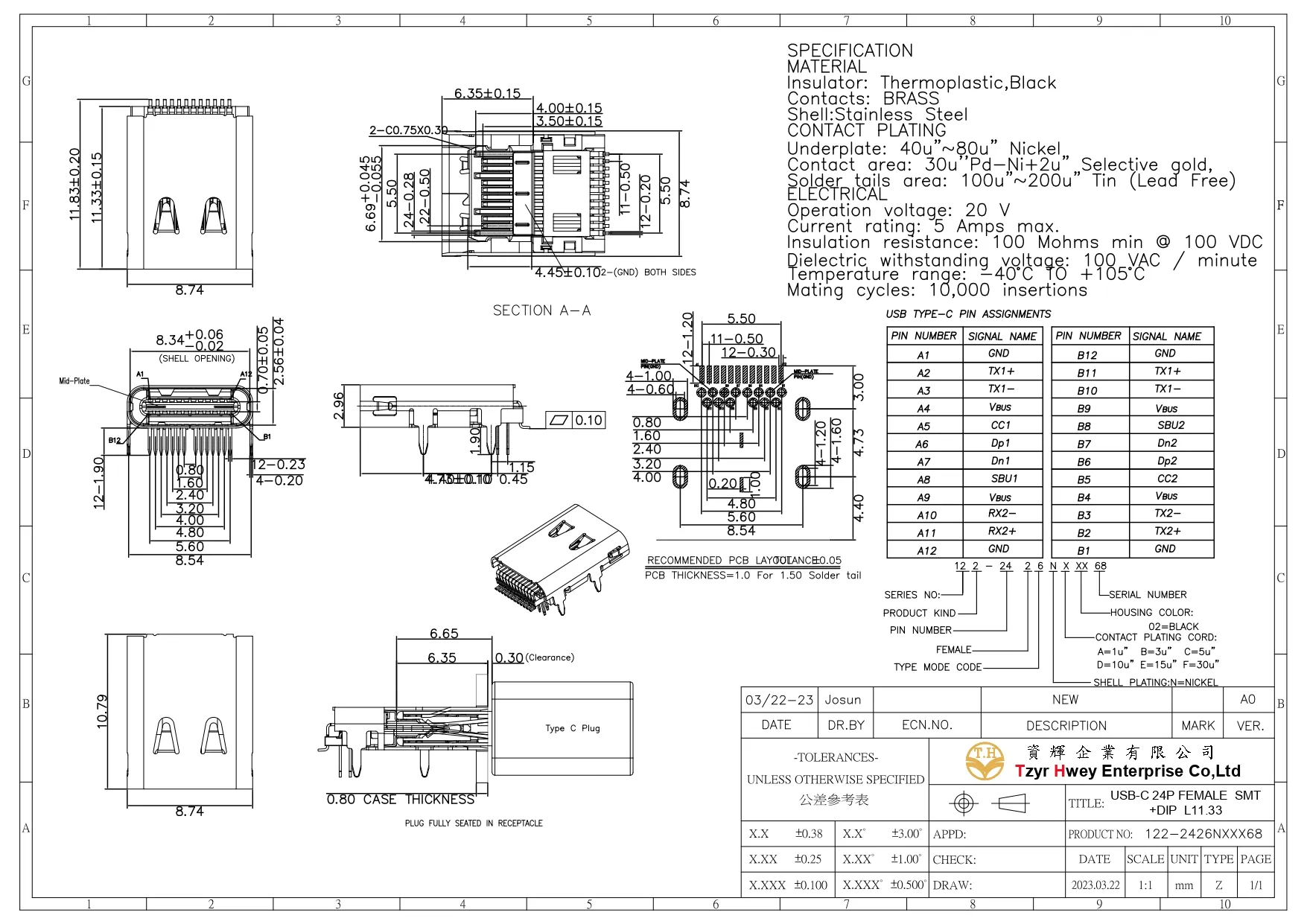 USB C 3.1 24PIN FEMALE SMT+DIP L11.33