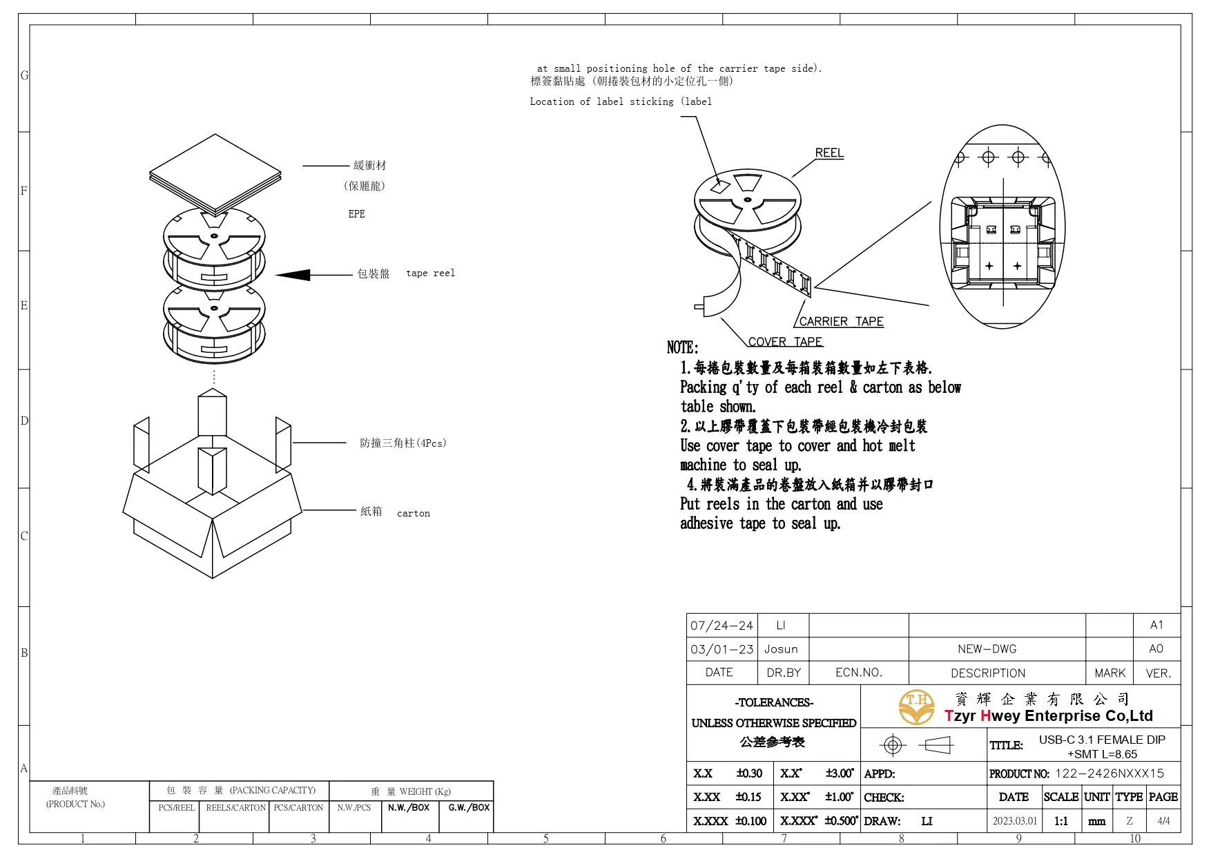 USB C 3.1 24P FEMALE DIP+SMT  L=8.65 