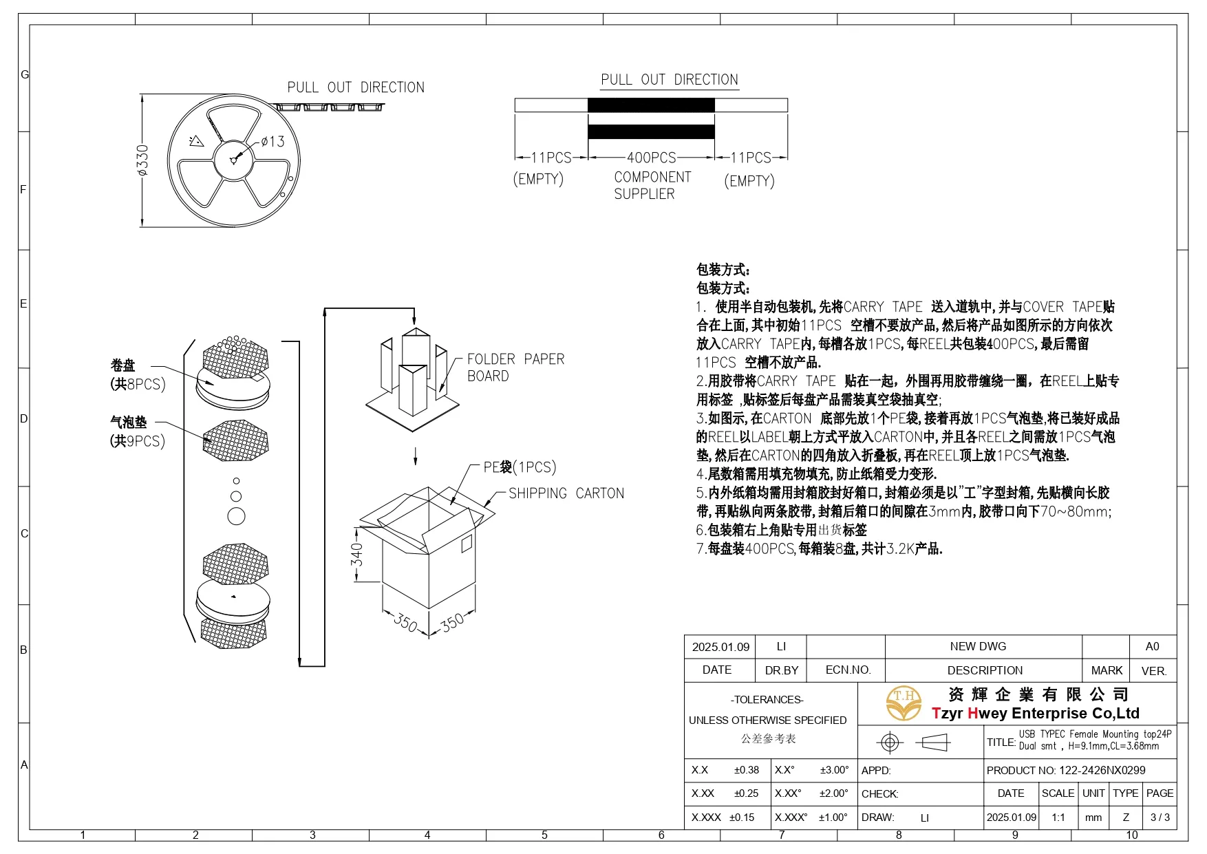 USB C 3.1 24P FM Dual SMT H=9.1mm,CL=3