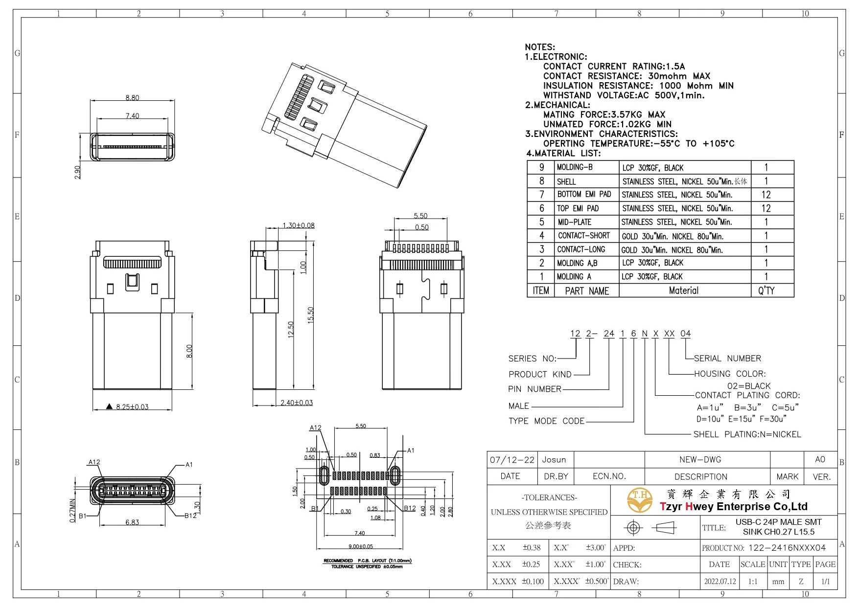 USB C 24P MALE SMT SINK CH0.27 L15.5