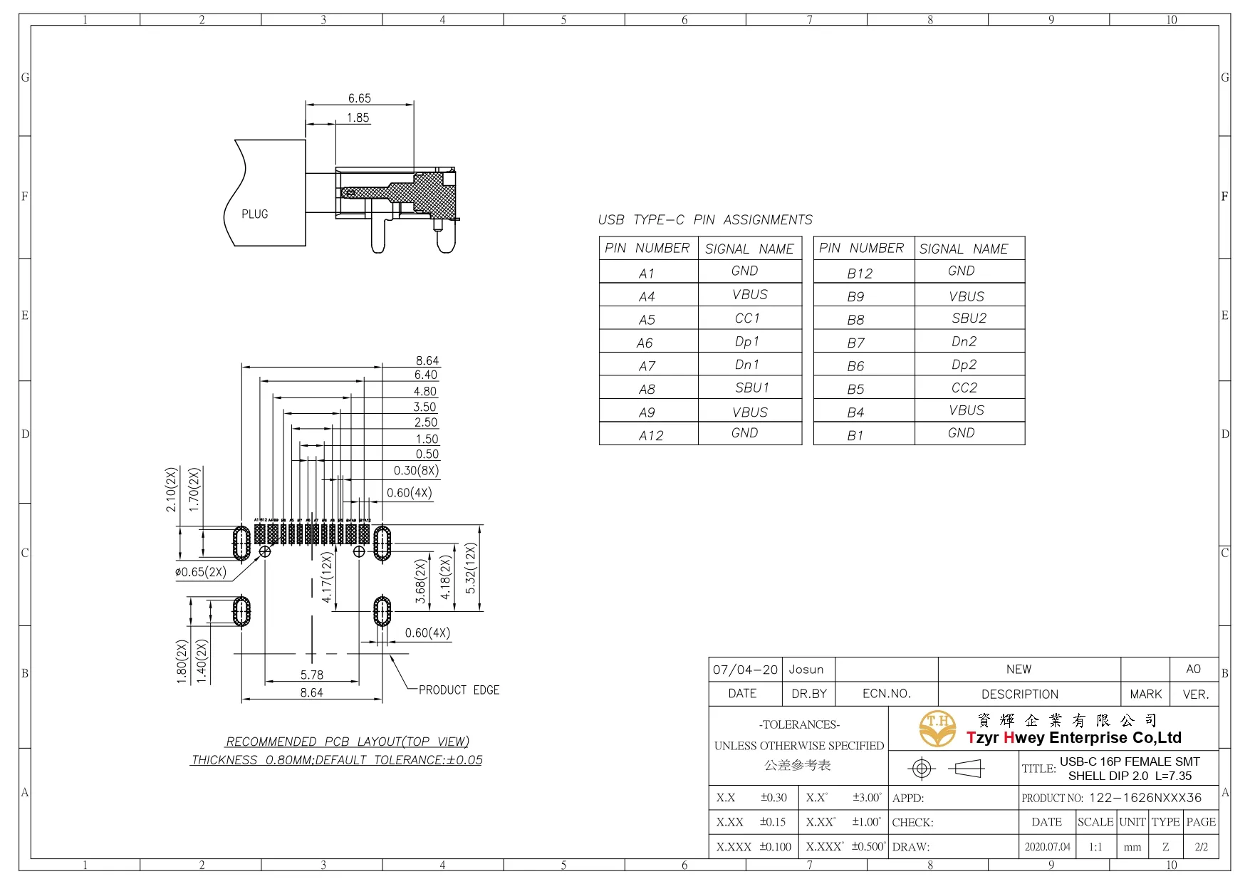  USB C 16P FEMALE SMT SHELL DIP2.0 L7.35