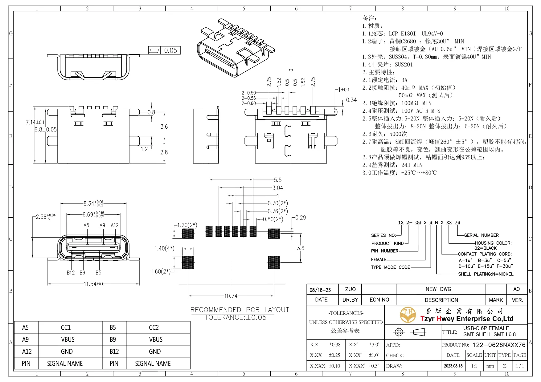 USB C 6PIN FEMALE SMT SHELL SMT L6.8