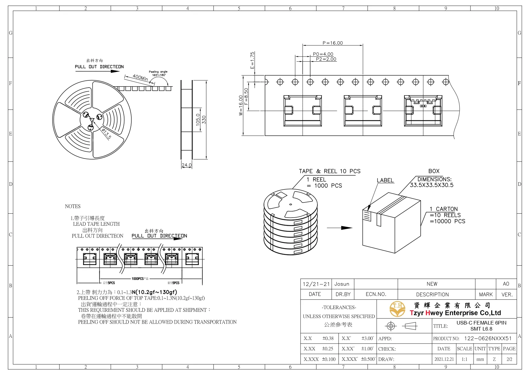USB C FEMALE 6PIN SMT L6.8