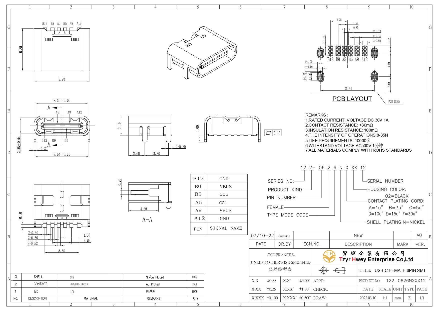 USB C 6PIN FEMALE SMT L6.8