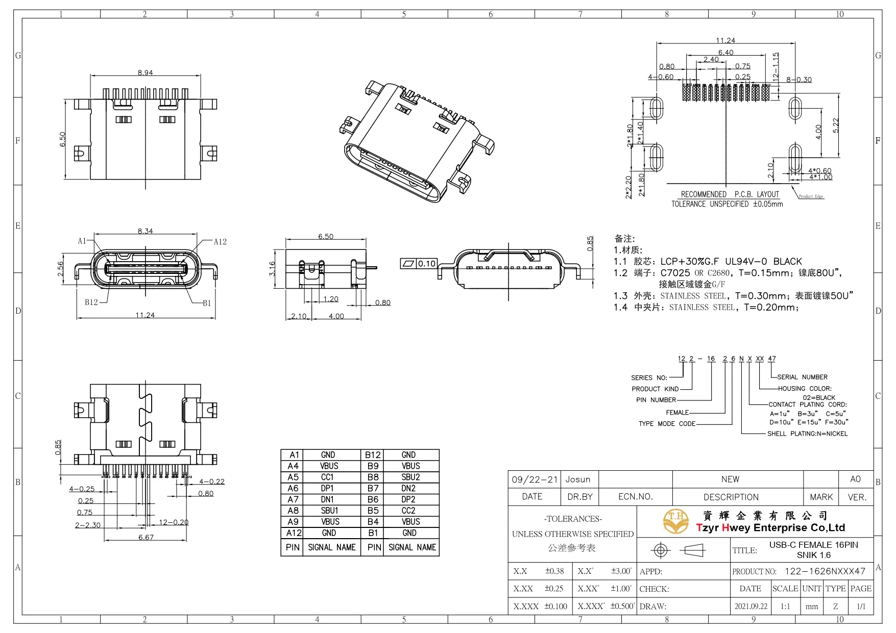 USB C 16PIN FEMALE SINK 1.6
