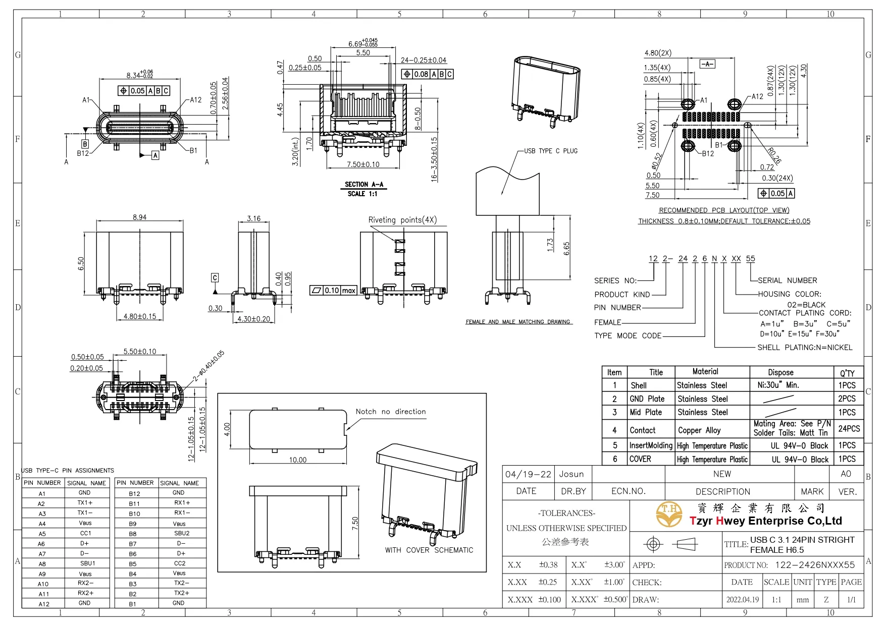 USB C 3.1 24PIN STRIGHT FEMALE H6.5