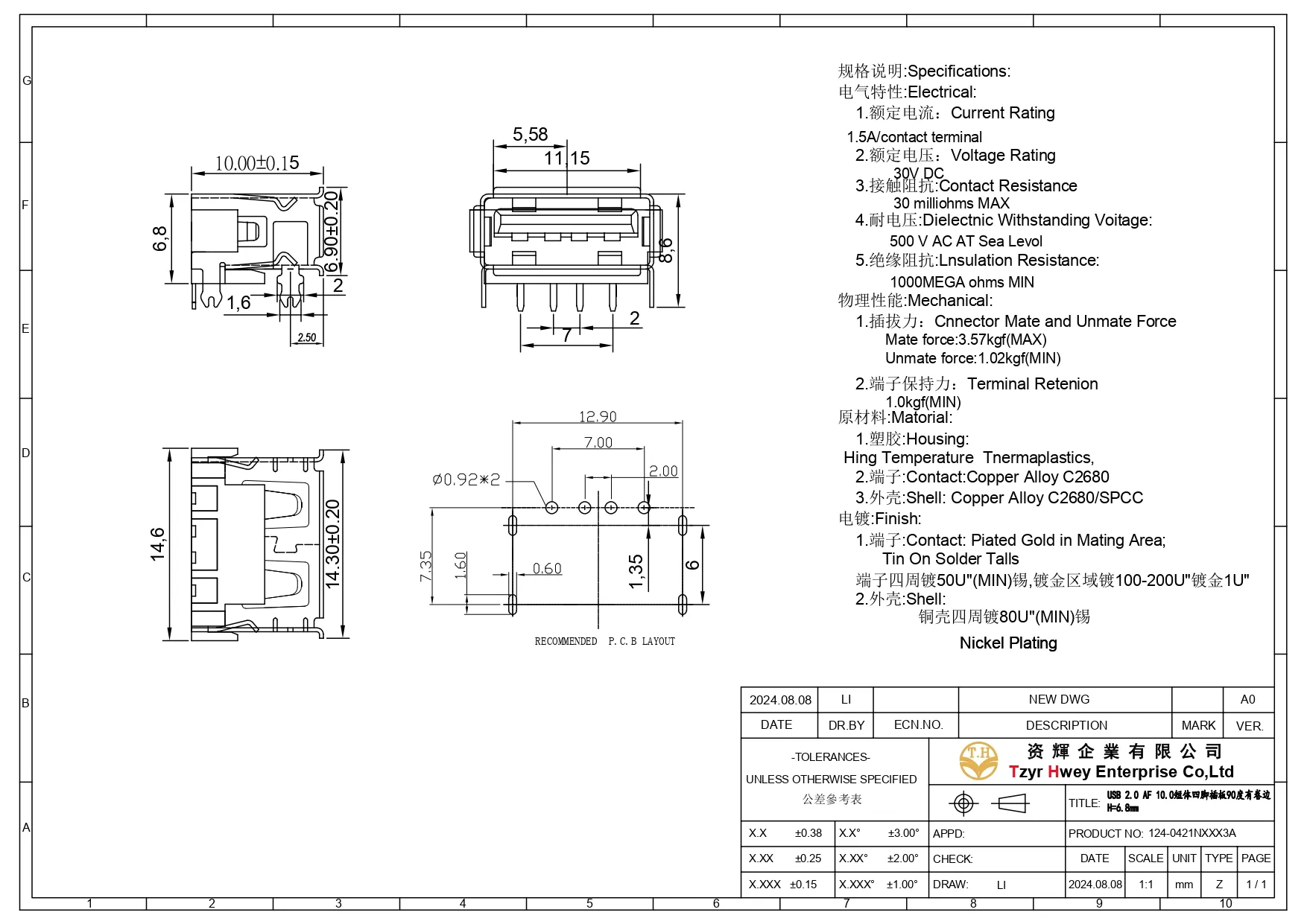 USB 2.0 AF R.A DIP L=10 Rolled edges 4legs H=6.8mm
