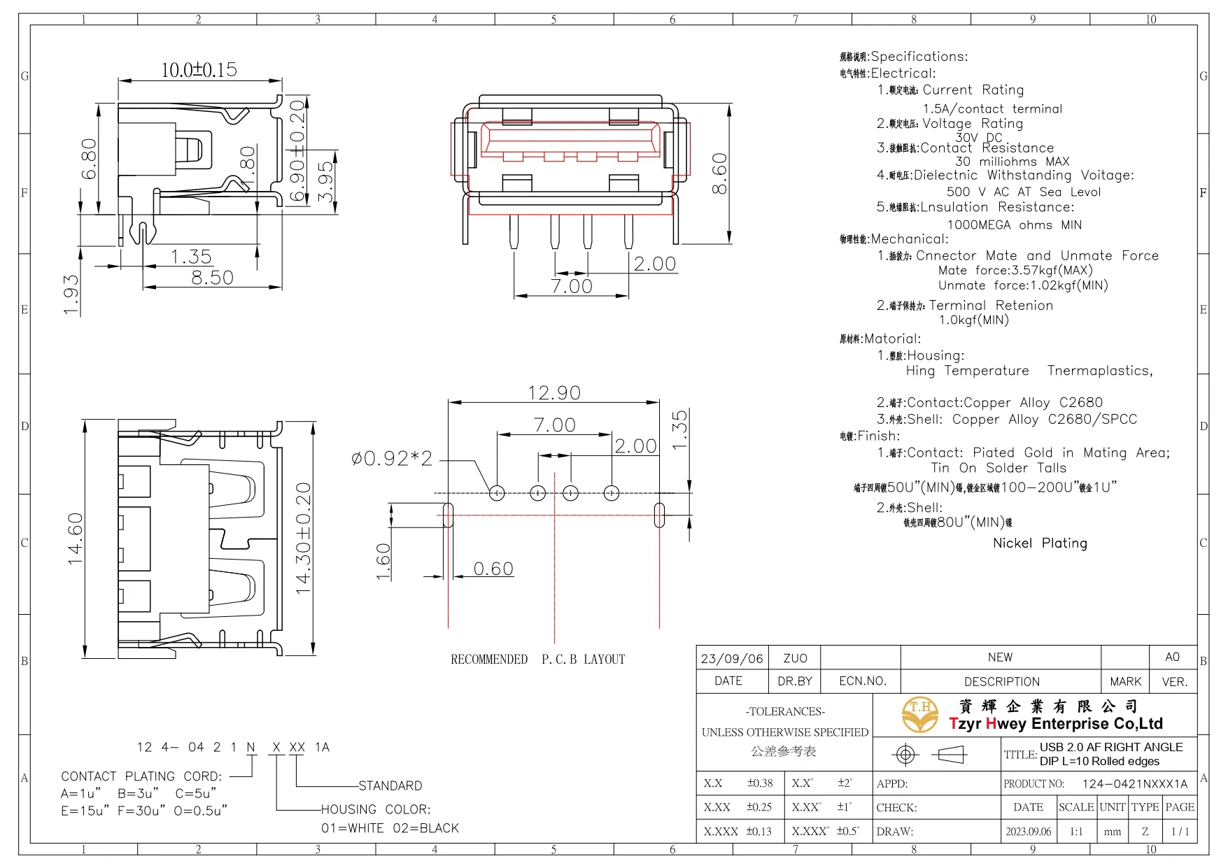 USB 2.0 AF R.A DIP L=10 Rolled edges