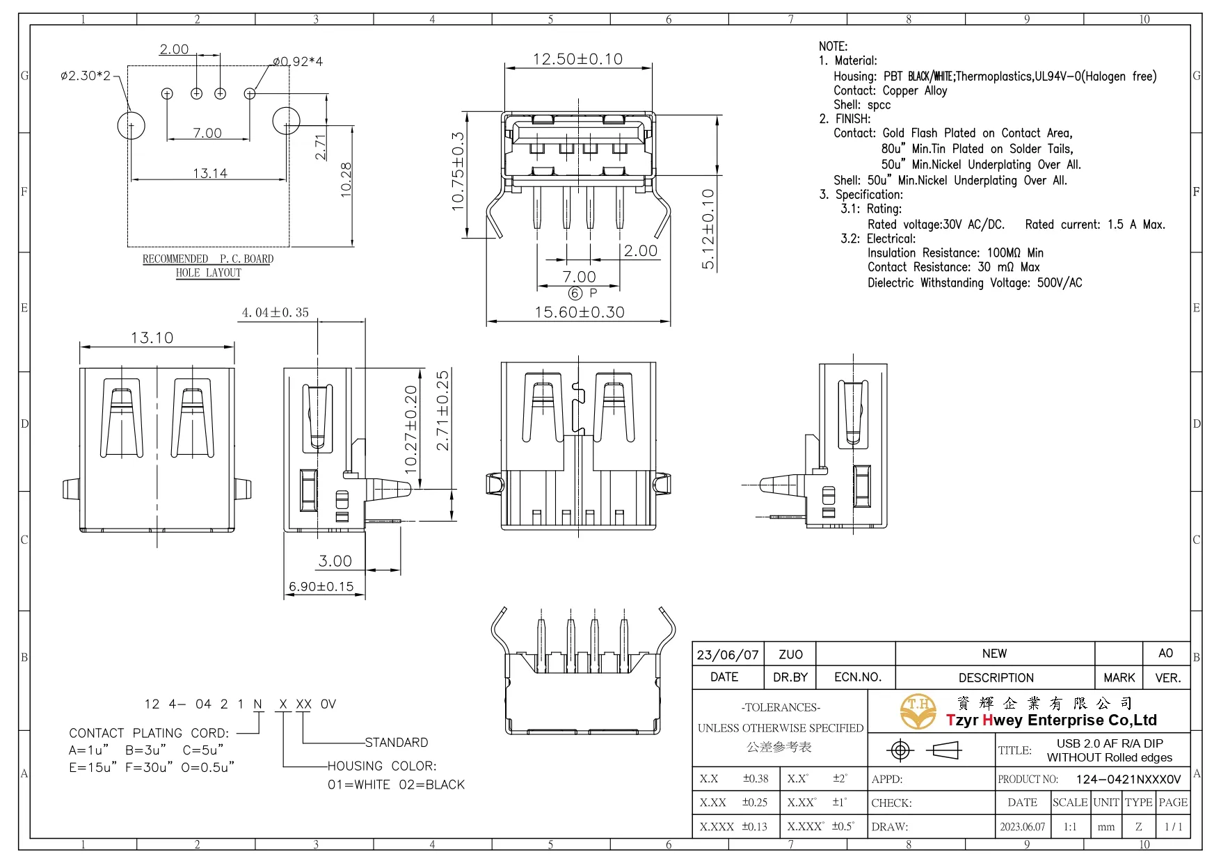 USB 2.0 AF R.A DIP WITHOUT ROLLED EDGES