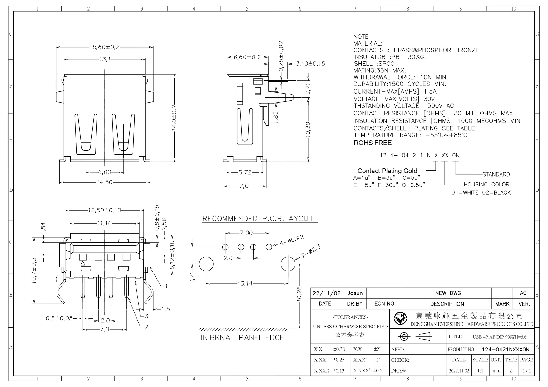 USB 2.0 4P AF DIP 90度H=6.6 青蛙腳