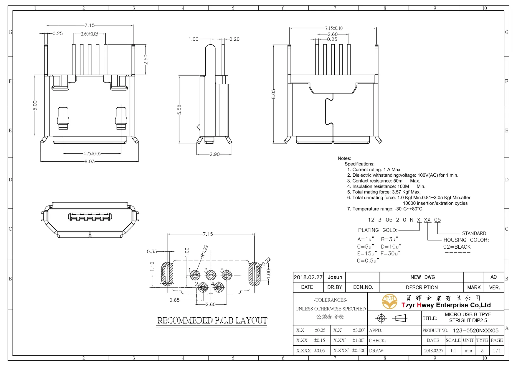 MICRO USB B TYPE 5P FEMALE VERTICAL DIP2.5