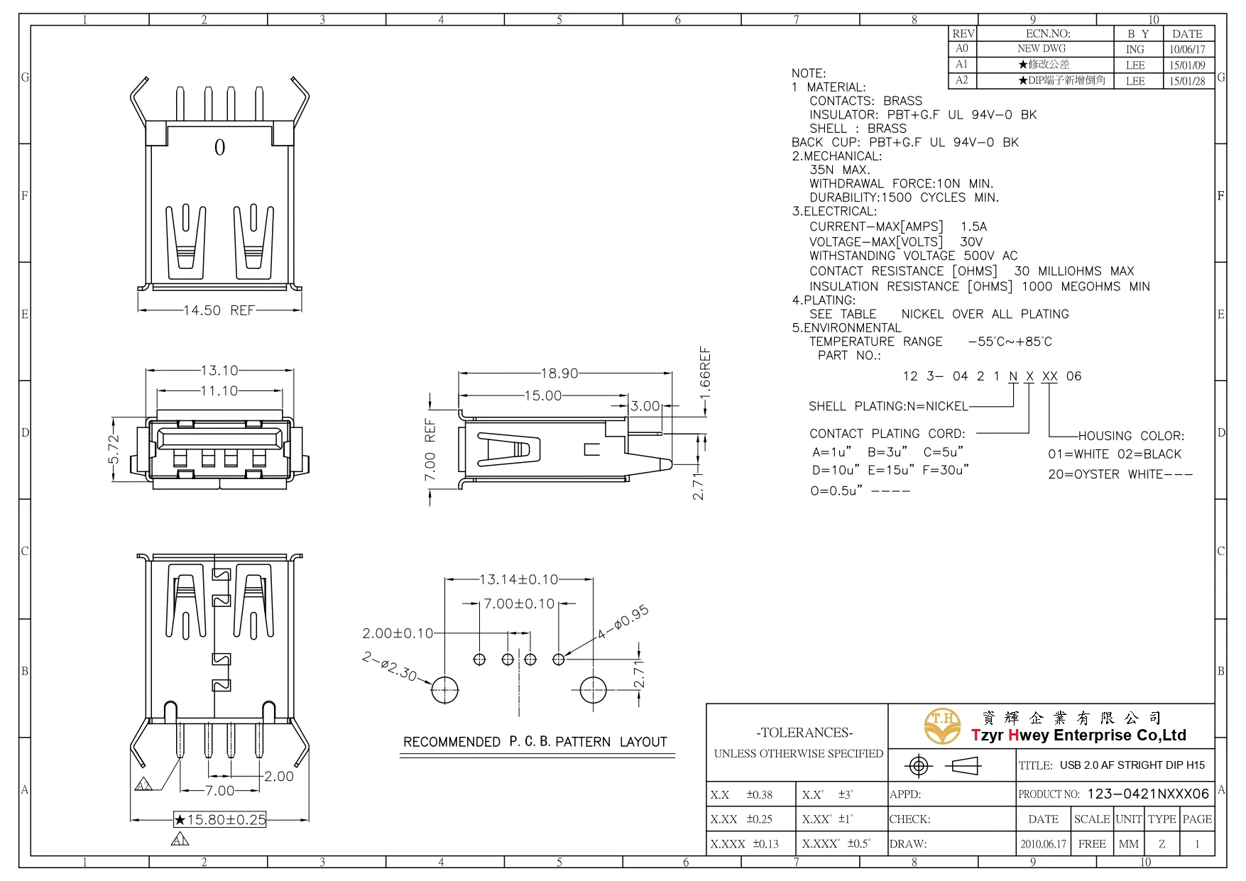 USB 2.0 AF STRIGHT DIP H15
