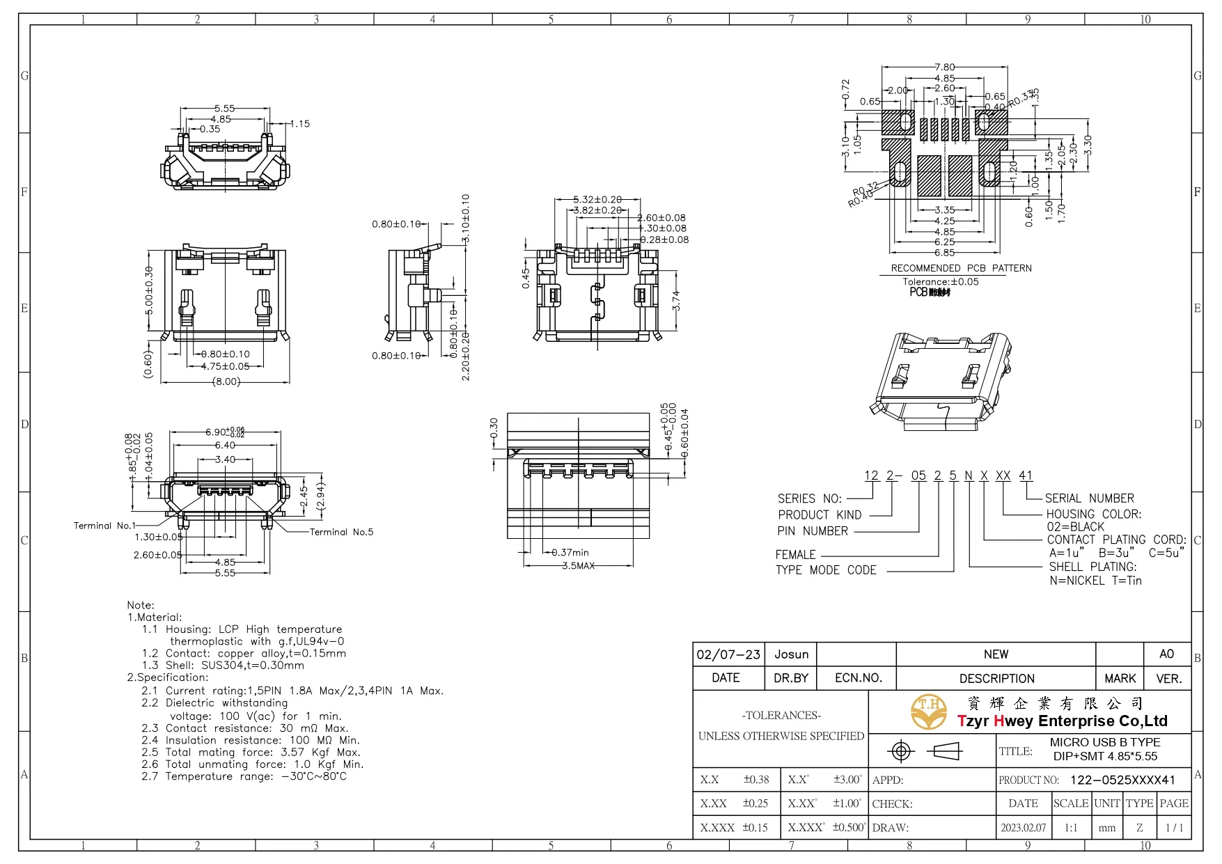 MICRO USB B TYPE DIP+SMT 4.85X5.55