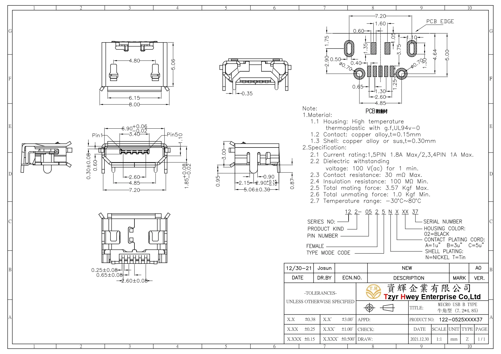 MICRO USB B TYPE SMT SHELL DIP (7.2X4.85)