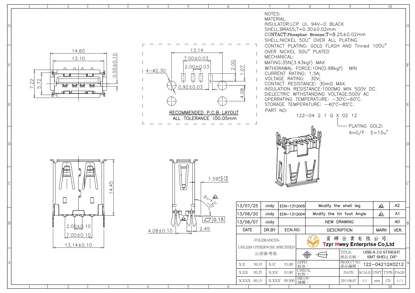 USB AF 2.0 STRIGHT SMT SHELL DIP