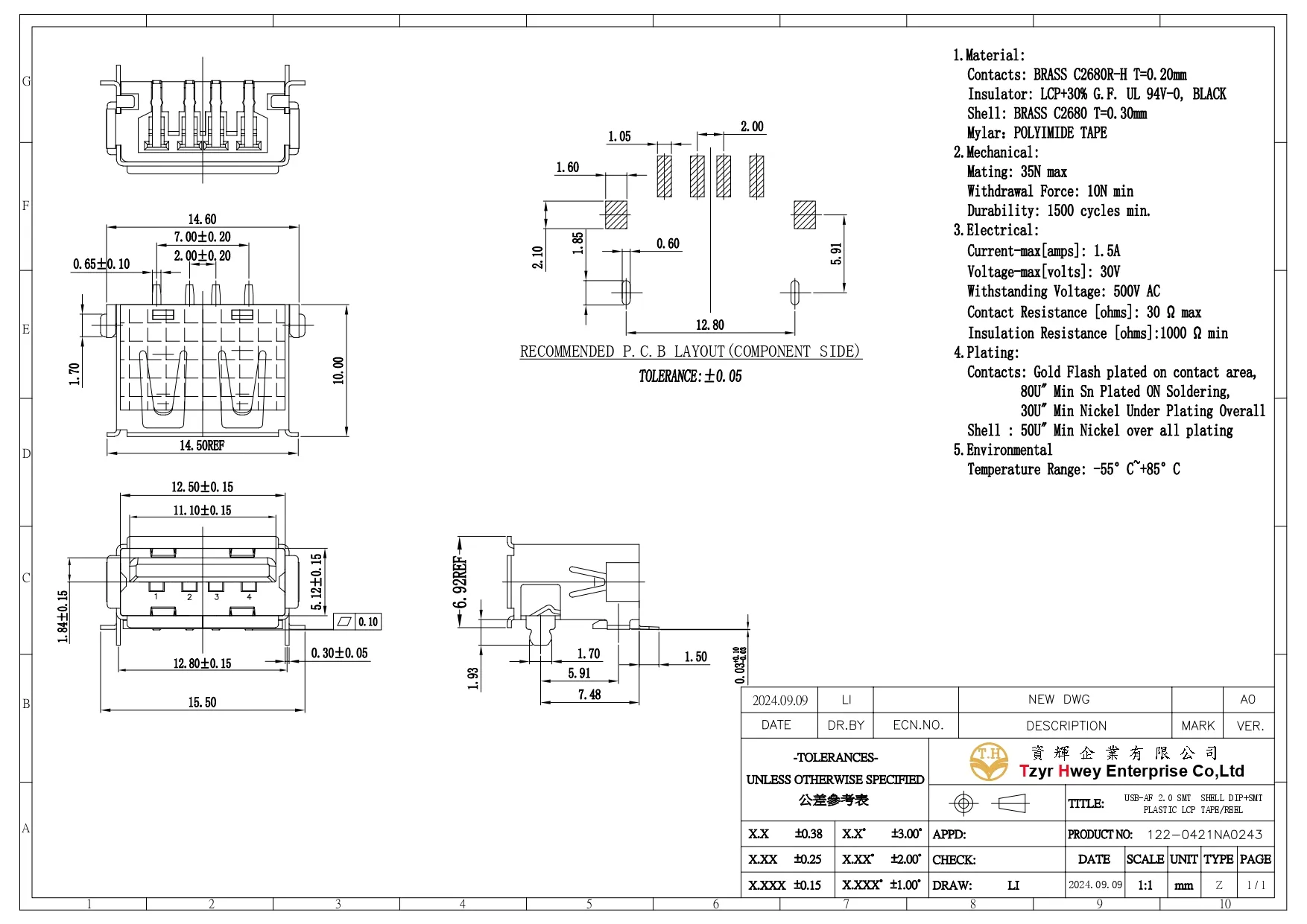 USB AF 2.0 SMT  SHELL DIP+SMT PLASTIC LCP TAPE REEL
