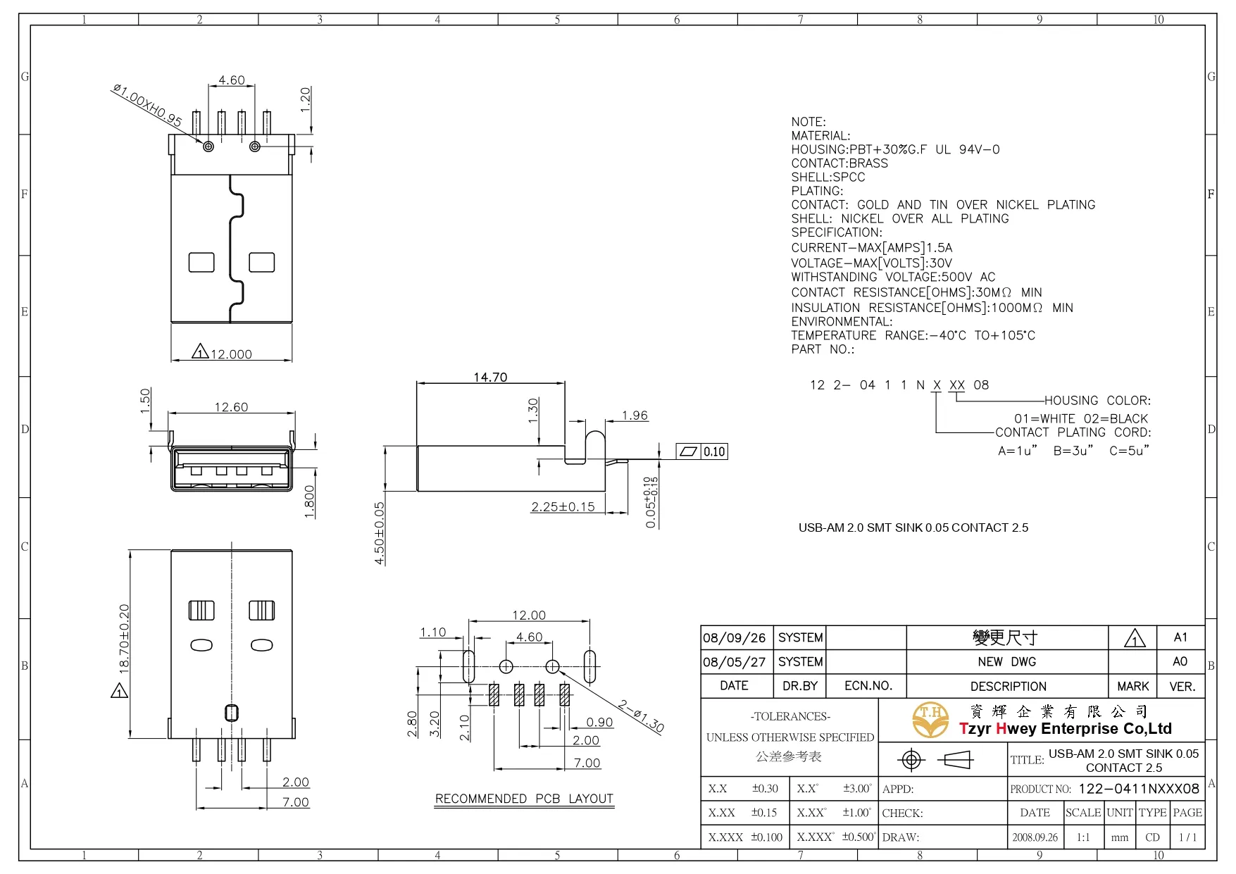 USB AM 2.0 SMT SINK 0.05 CONTACT 2.5