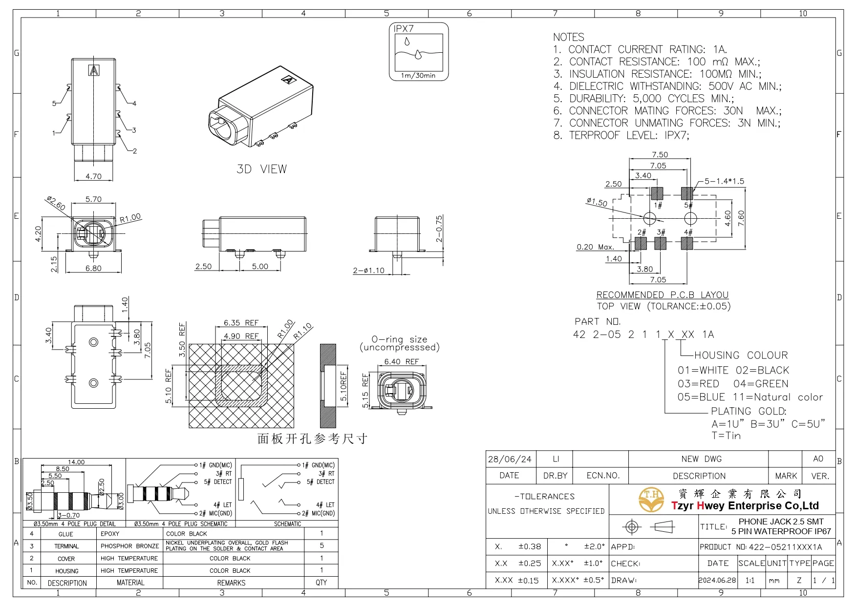 PHONE JACK Ø2.5 SMT 5 PIN WATERPROOF IP67